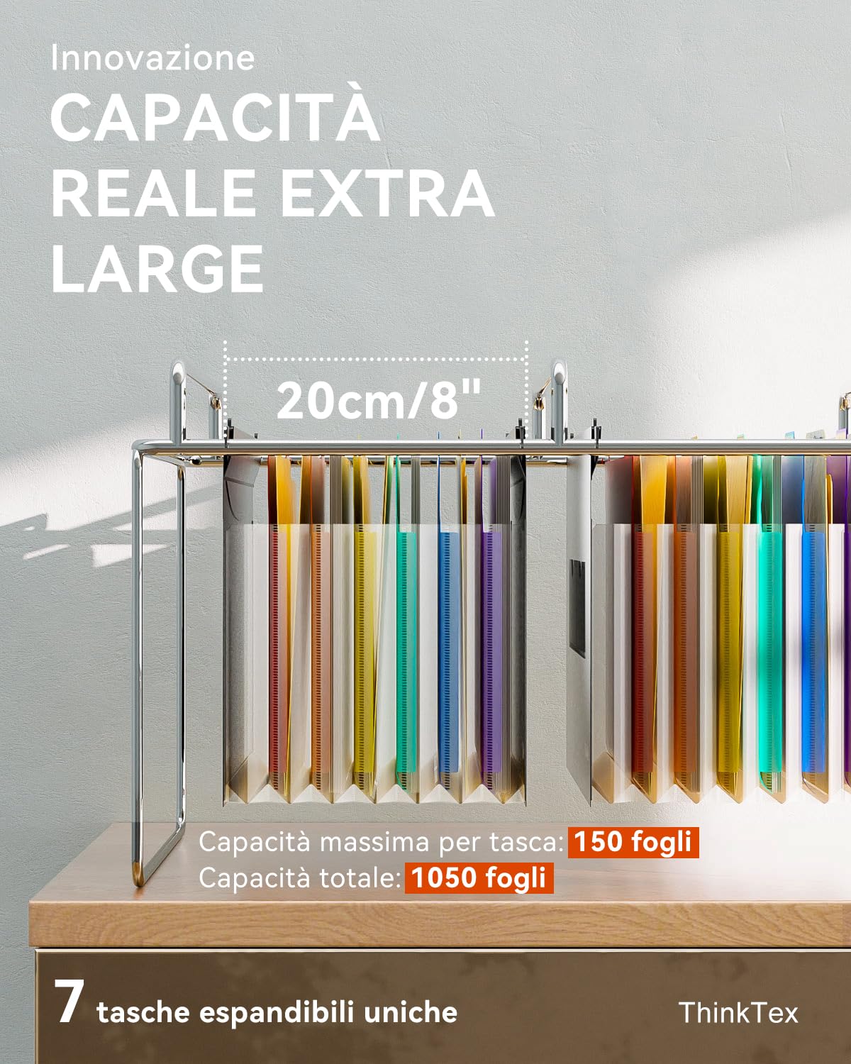 ThinkTex 6 cartelline sospese in plastica A4 con tasche espandibili, 7 innovative tasche a fisarmonica da 3 cm (adatte per armadietti da 32 cm a 37 cm)