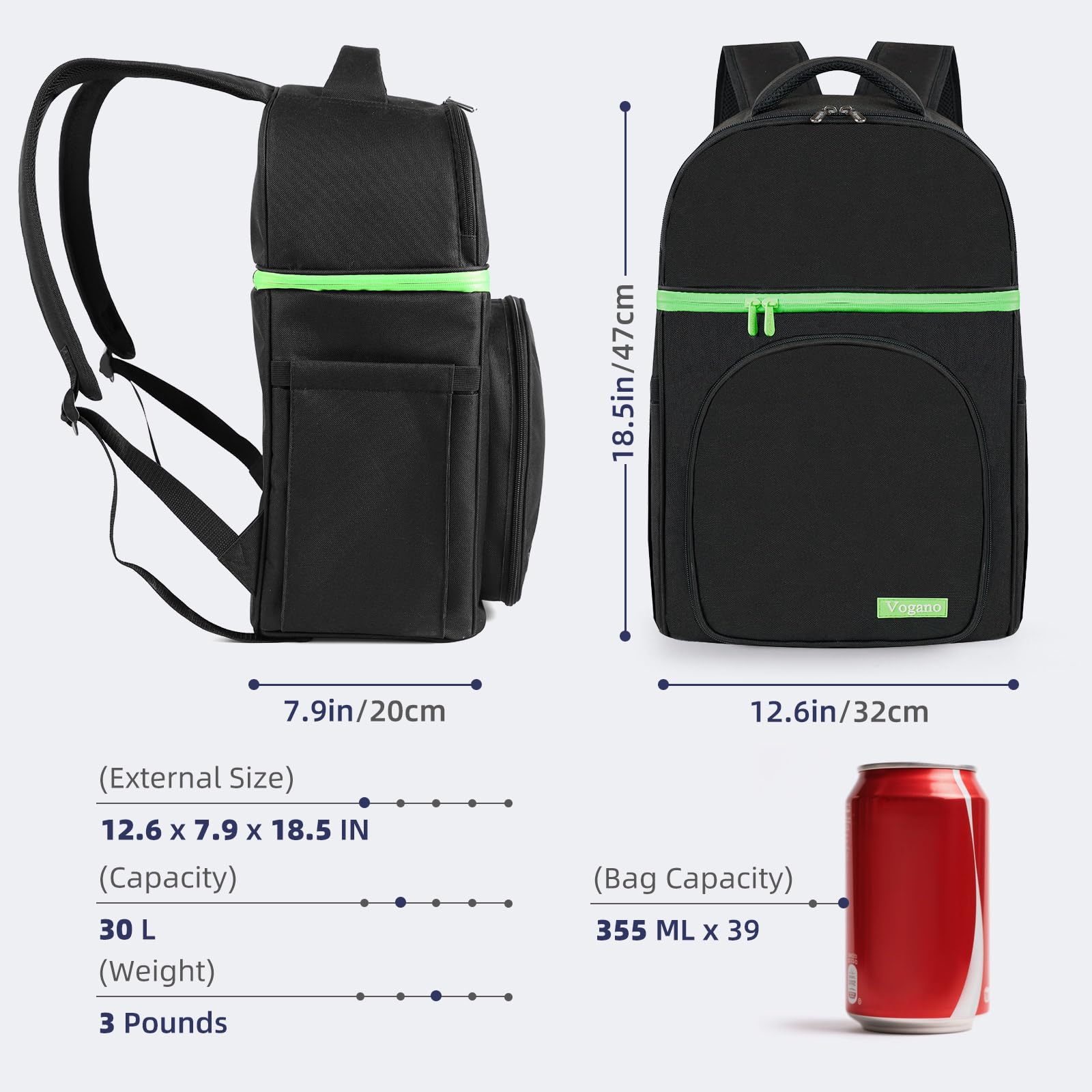 Vogano 2-in-1-Kühlrucksack, isoliert, wasserdicht, leicht, mit Picknick-Besteck-Set, Decke, schwarzer Lunch-Rucksack