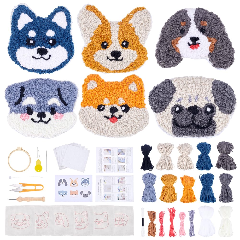 ORIGACH 6 Stück Stanznadel Untersetzer Starter Kit für Anfänger mit Anleitung, DIY Punch Needle Handwerk Stickerei Kit mit Filz Garne Stanznadelstoff, Welpenmotiv