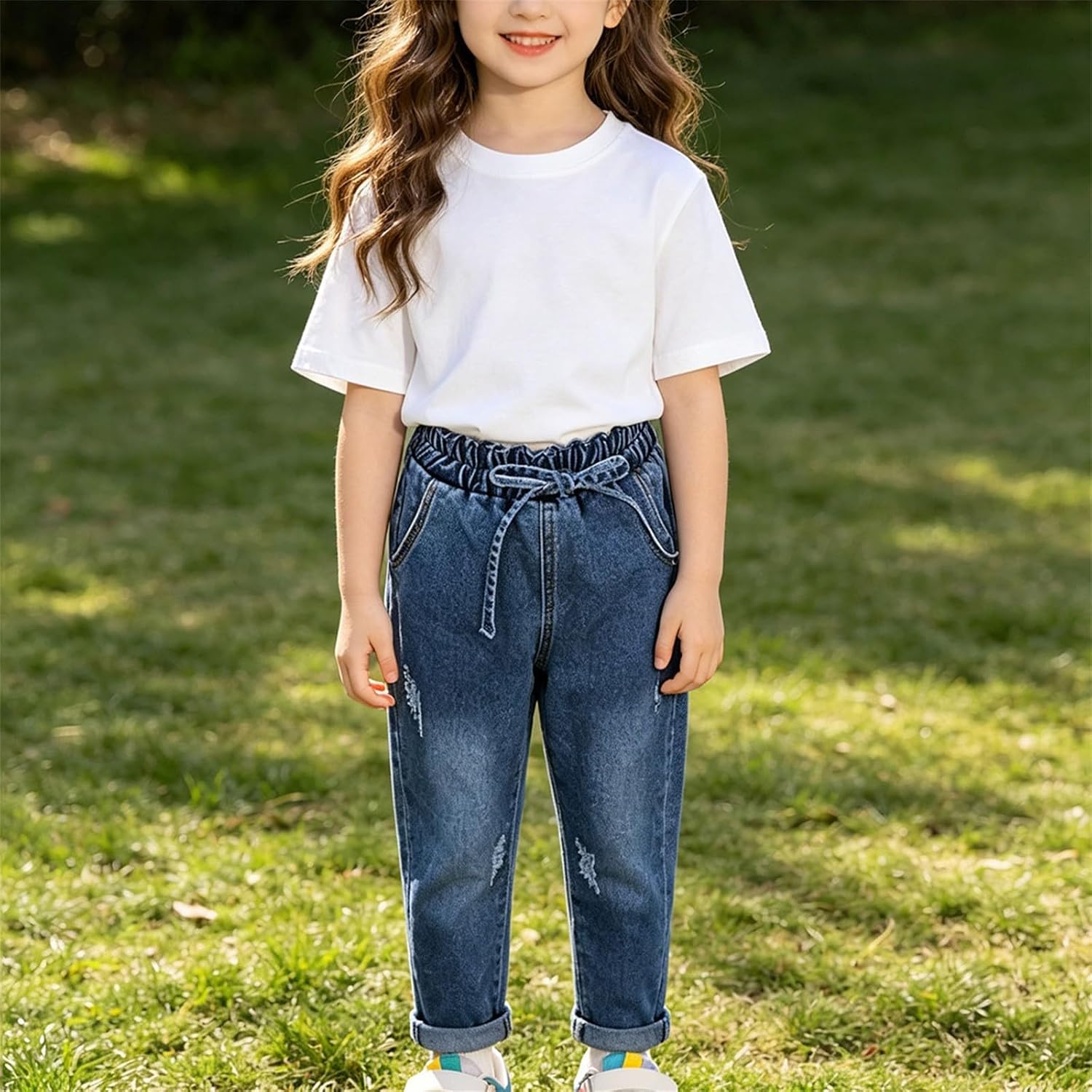 Girls' Pull On Mid Rise Relaxed Wide Leg Jean, Elastic Waistband Drawstring Denim Pants