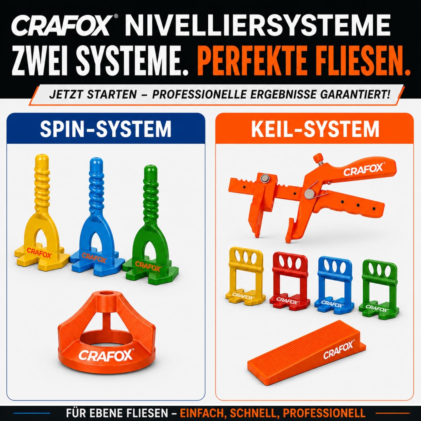 CRAFOX® Sistema de Nivelación de Azulejos 2mm SET | 150x Clips de Nivelación & 100x Tapas de Tracción Reutilizables | 250 Piezas | Herramientas para Alicatado | Niveladores de Azulejos 2mm