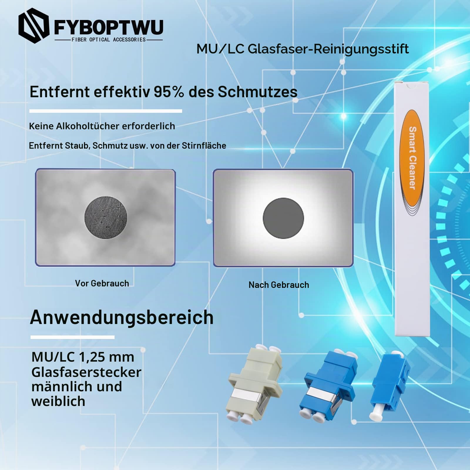 Glasfaser-Reiniger, Glasfaser-Werkzeuge, Reinigungsstift für LC/MU, 1,25 mm Stecker, über 800 Reinigungen, Faserendflächenreinigung und optische Steckerreinigung, 5 Stück
