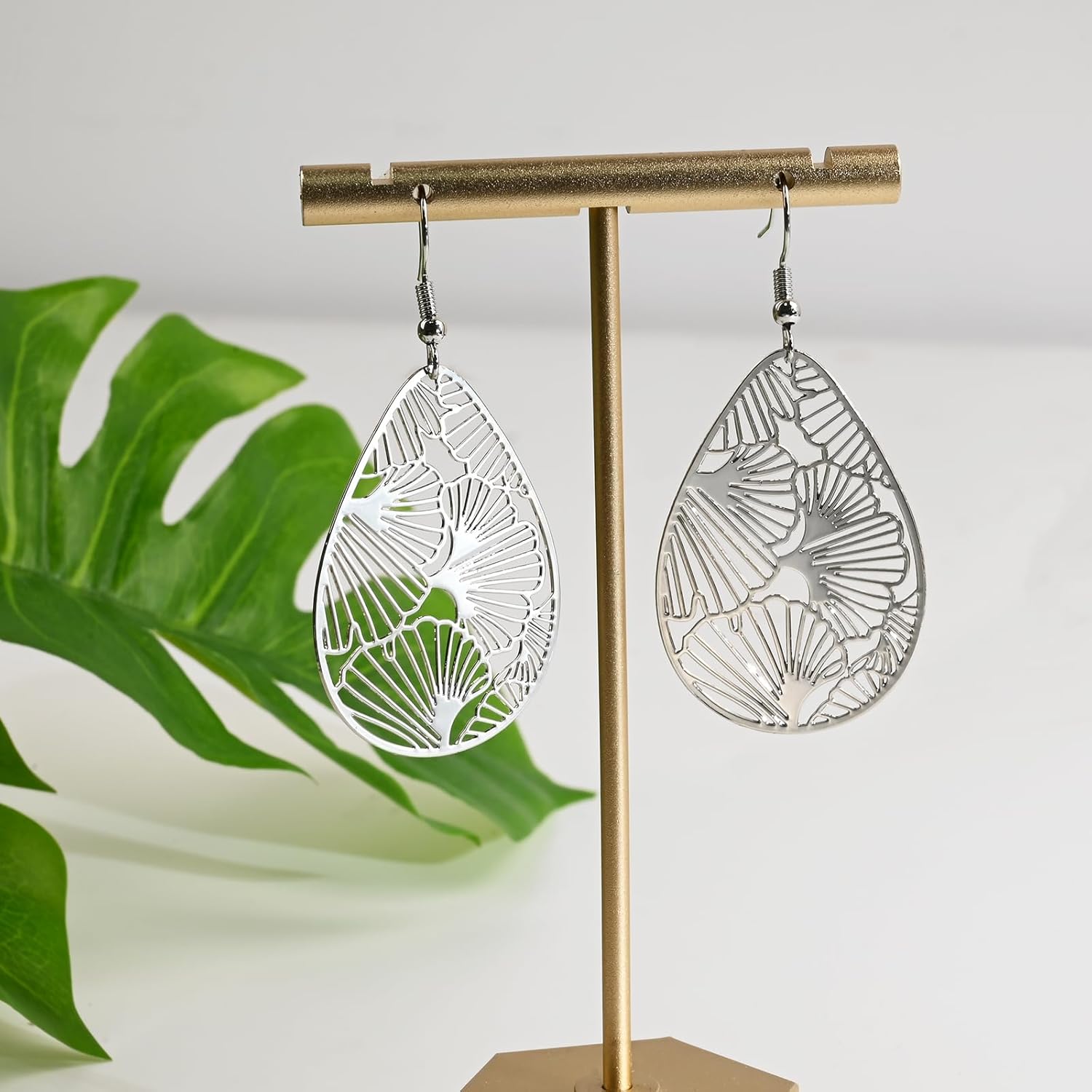 14K Gold Plated Silver Teardrop Filigree Dangle Earrings Lightweight Ginkgo Leaf Drop Earrings for Thanksgiving Christmas Gift - Image 4