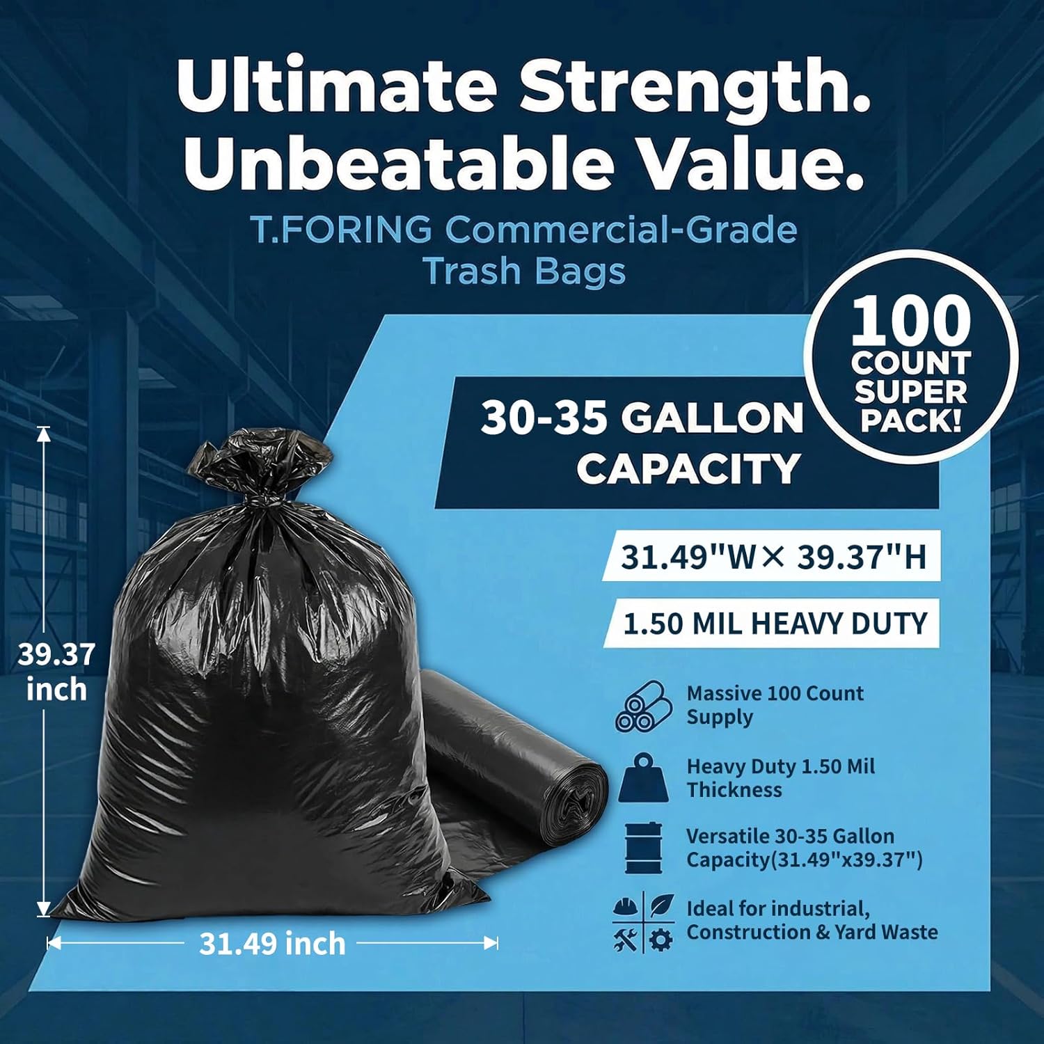 30-35 Gallon Trash Bags Heavy Duty 1.5 Mil - 31" x 39" 100 Count Large Black Garbage Bags 30+ Gallon Strong Plastic Trash Can Liners for Home Kitchen Commercial Lawn and Leaf