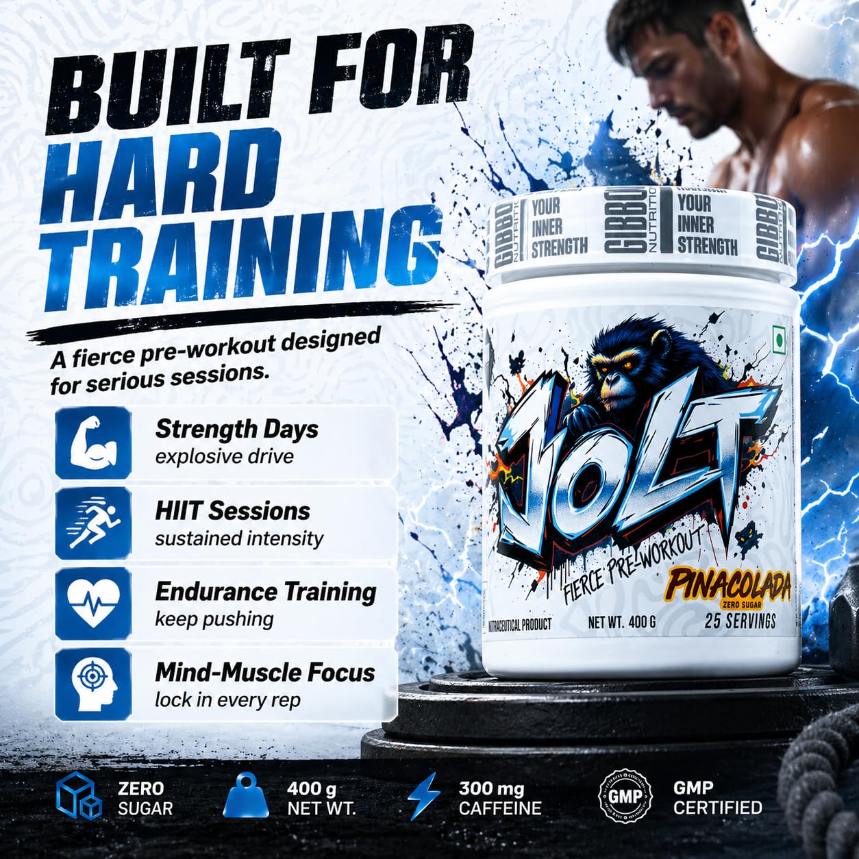 GIBBON JOLT Fierce Pre-Workout 400g | 7000mg Citrulline, 5400mg Beta-Alanine, 300mg Caffeine, 1000mg Taurine | Zero Sugar, 25 Servings, Vegetarian, Gluten Free | Pinacolada Flavour — Amazon image 2