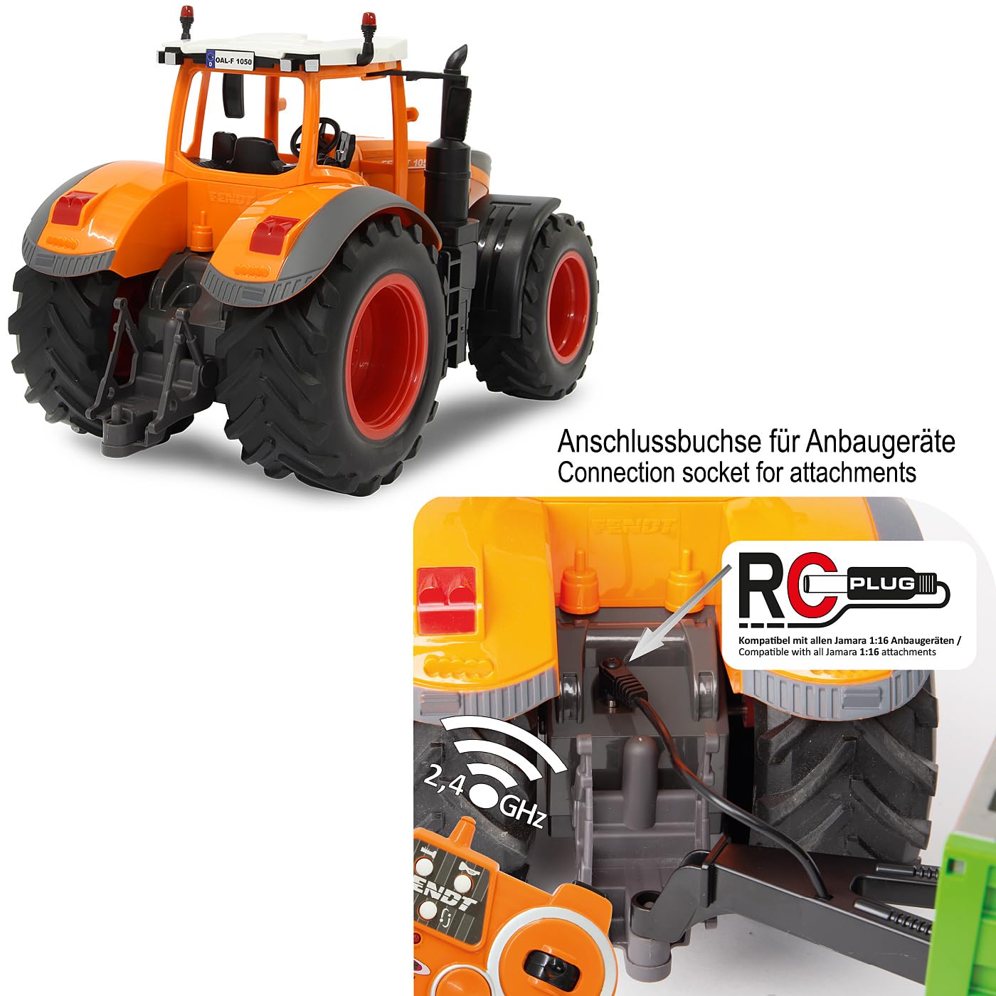 JAMARA 405045 - Fendt 1050 Vario Kommunal 1:16 2,4 GHz - traktor RC, dźwięk silnika (wyłączony), dźwięk ostrzegawczy cofania, klakson, funkcja wyłączania, 2 koła napędowe, światło z przodu,