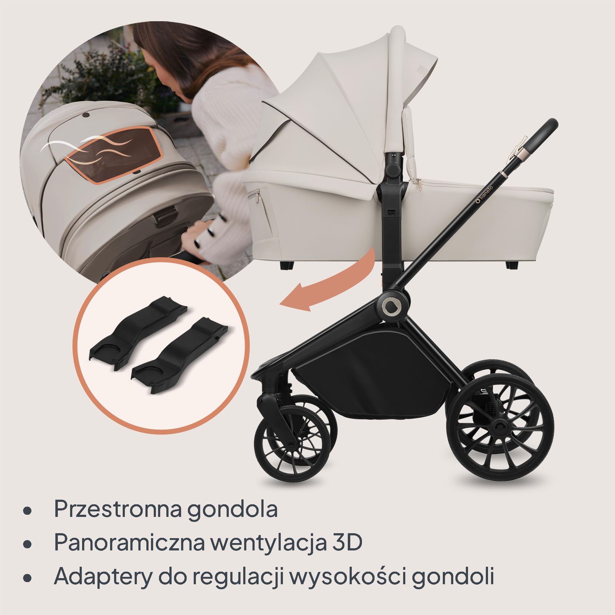 LIONELO MIKA PLUS 3 w 1 Wózek Spacerowy Dziecięcy 0-48 miesięcy do 22 kg Gondola do 9 kg Fotelik Samochodowy Nosidło do 13 kg, Regulacja Oparcia, Amortyzacja, Koła 360° Budka XXL (Beżowy) | Od 0 do 48 miesięcy, do 22 kg, gondola do zawieszenia, kółka 360°