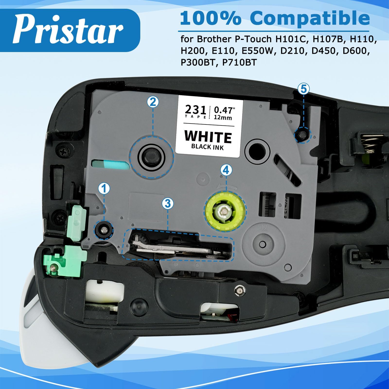 Pristar 20x Compatibile per Brother P-Touch 12mm Nastro per Tze-231 Tze231 Etichette, per Brother P-Touch PT-H100R PT-H105 PT-H100LB PT-H110 H107B D400 PT-D210 PT-E100 D600VP 1000 1010 H105 H100LB