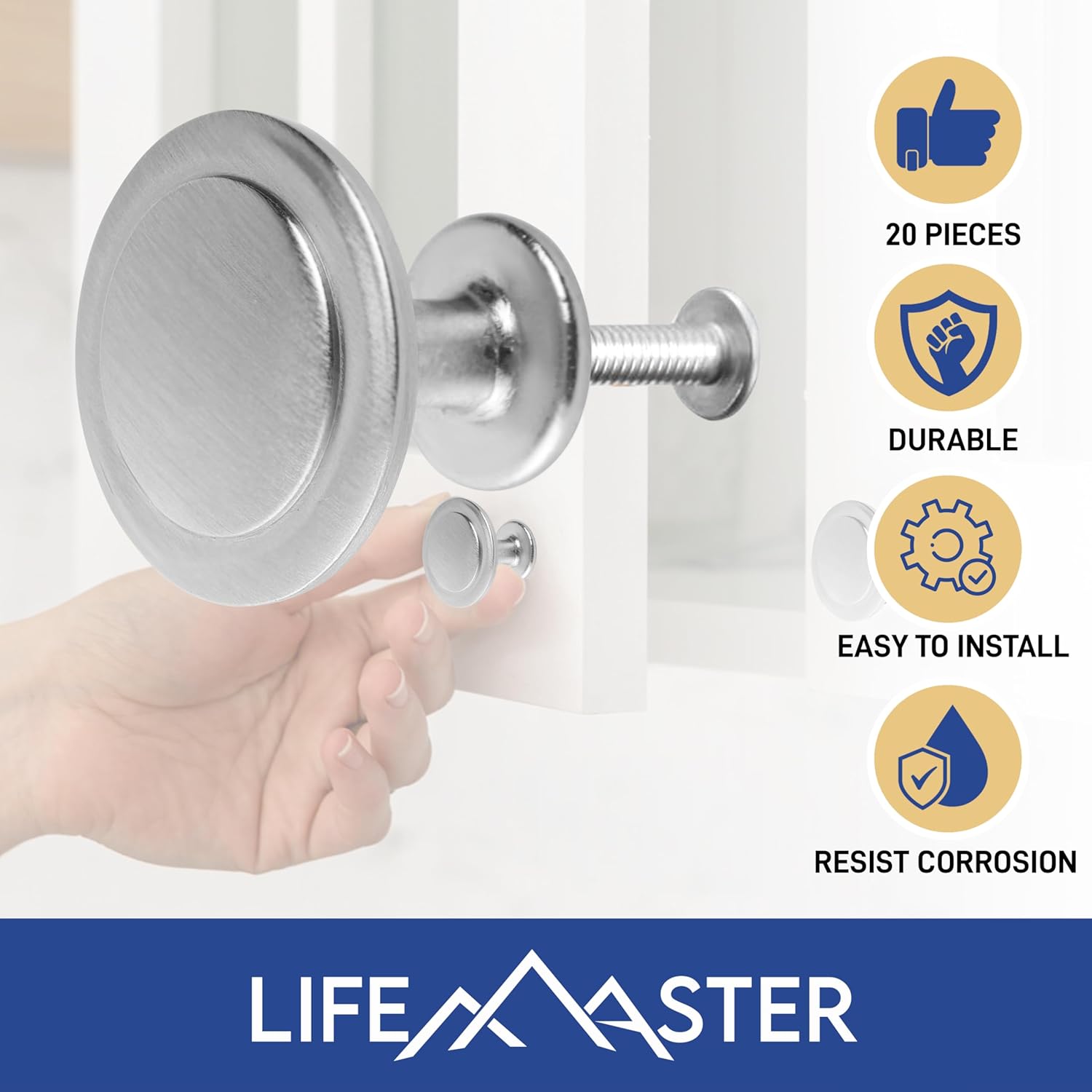 LifeMaster 20pcs 1-1/4 inch Brushed Nickel Cabinet Knobs - Rust-Proof Finish, Modern Design, Strong Zinc Alloy, Complete with Short and Adjustable Screws