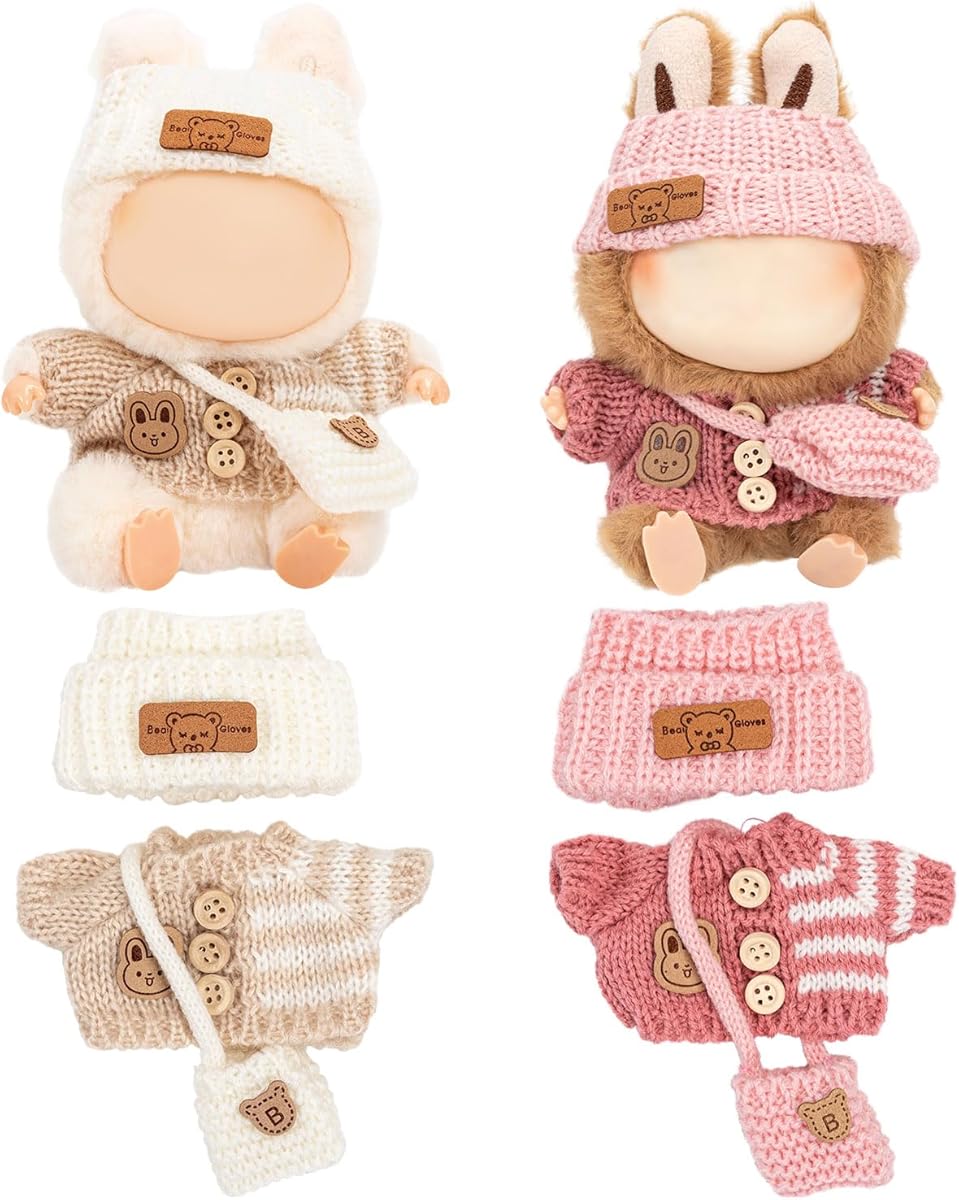 Doll Clothes Compatiable for la-bubus 17cm, Set of 2 Knitted Outfits for Dolls 17cm/6.7in, Cute Dress Up Clothing Accessories(No Include Doll (White & Pink)