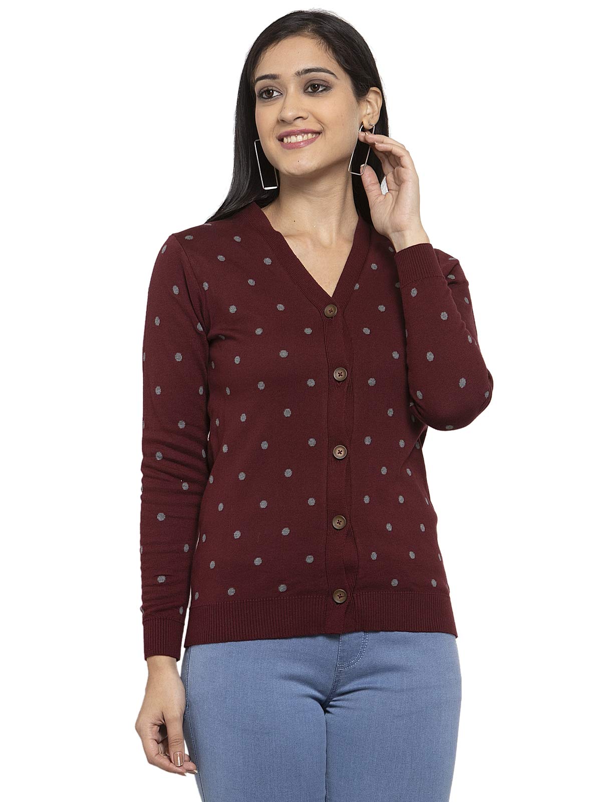 Women Full Sleeves V-Neck Cotton Cardigan Sweater(Maroon::Mid Grey)-image-48
