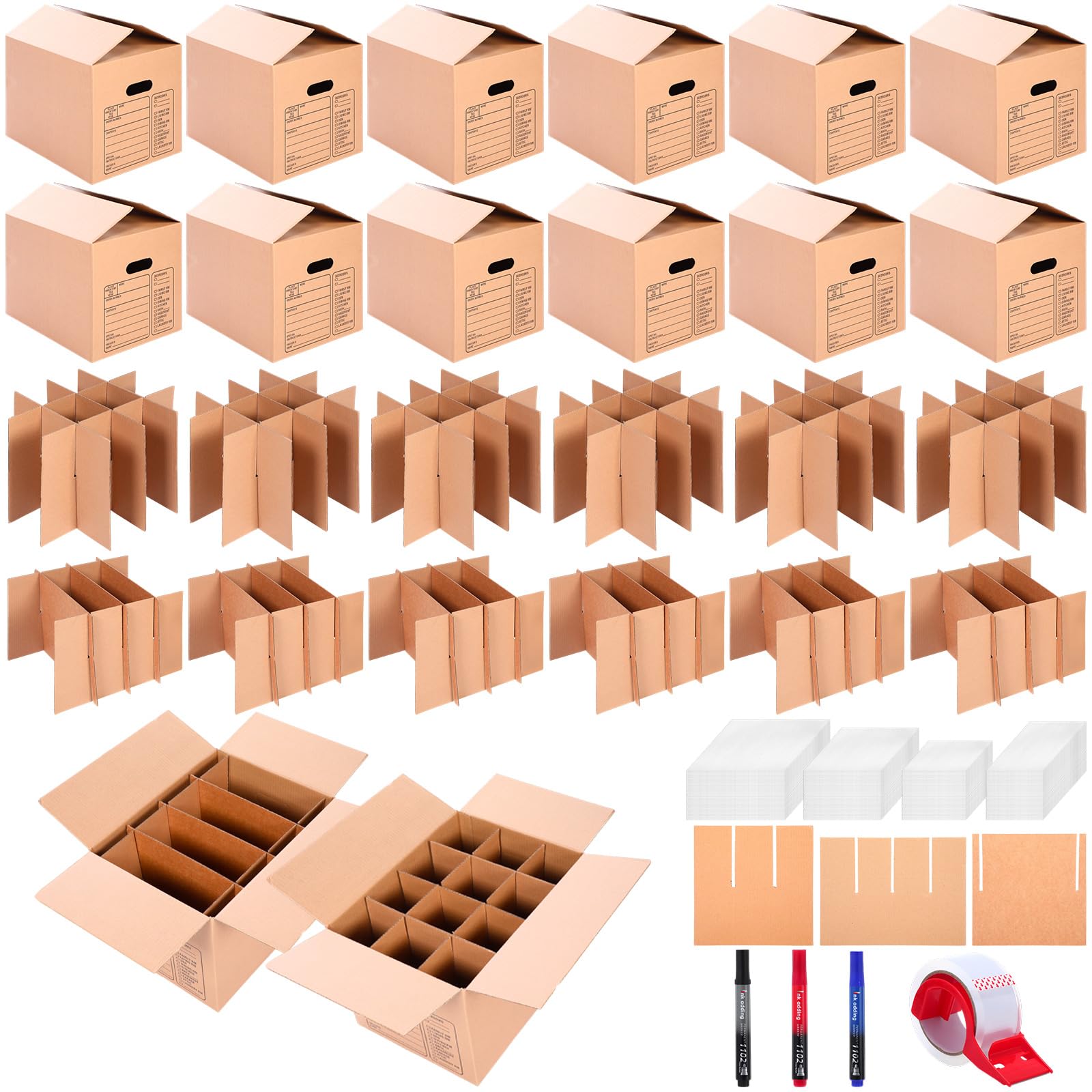 Maitys 12 Set Kitchen Moving Boxes with Handle Hole Kit, 16 x 12 x 13 Inch, Included Glassware Moving Divider Kits Foam Pouches Cup and Plate Box Tape