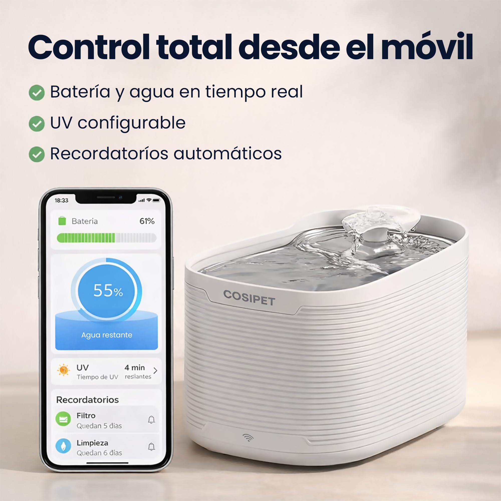 Fuente de agua inalambrica gatos y perros 2,5L control APP WiFi, bebedero automático con sensor, bandeja inox, autonomia mas de 30 dias, UV carbon activado, resina, alfombrilla antiderrame + 3 filtros