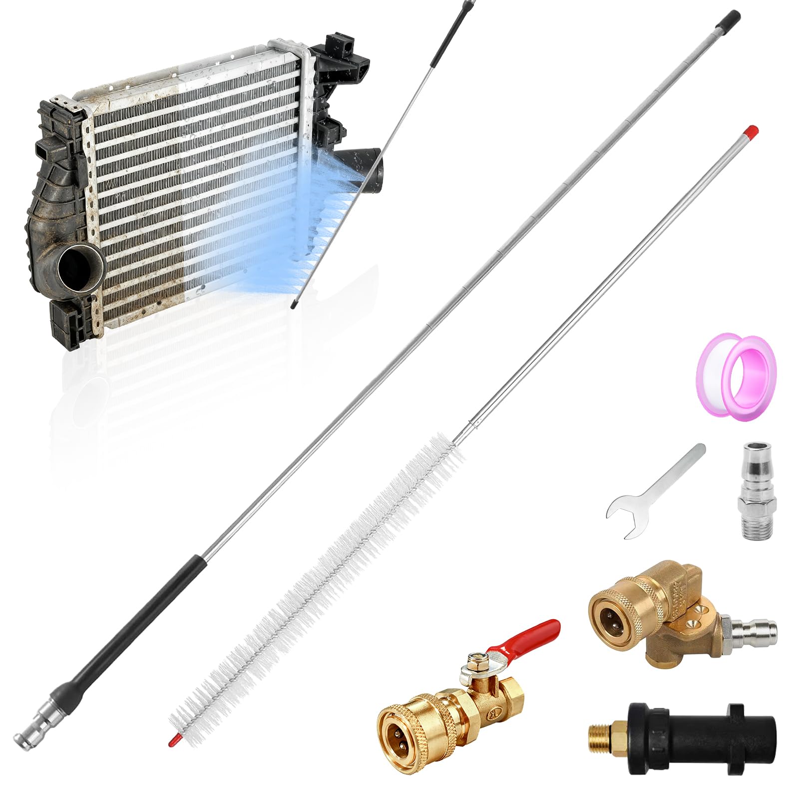 40" Radiator Cleaning Wand, Water and Air Dual Use 4500 PSI Pressure Cleaning Tool, 25° Fan Nozzle, 4 Brass Connectors, Cleaning Brush, Wrench, Sealing Tape (14 Straight Holes)