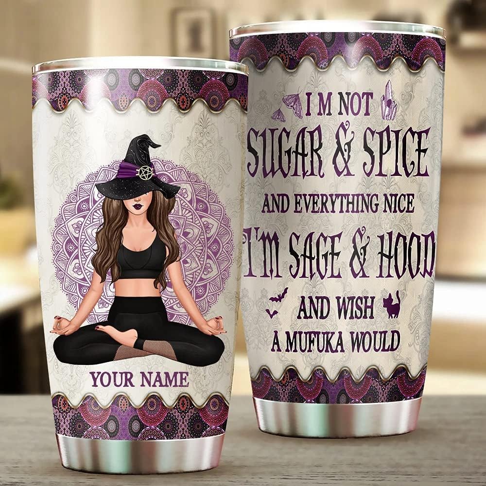 ORIWAVE I'm Sage & Hood And Wish A Mufuka Would Yoga Witch Personalized Witch Gifts Funny Yoga Witch Tumbler Yoga Lover Gifts Witchy Halloween 20oz Tumbler Halloween Witch Gifts Yoga Gift For Friend