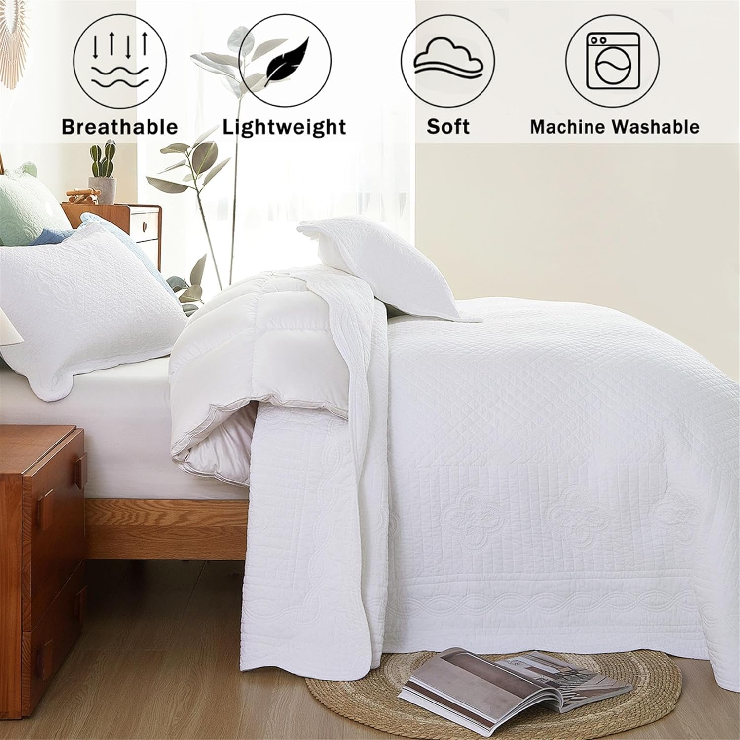 Cmfshape 100% Cotton Quilts California King Size-114"x102" Bedspread Set White-Plaid Pattern Bedding 3 Pieces-Pre-Washed Lightweight Coverlet-Suitable for Bed,Couch All Seasons