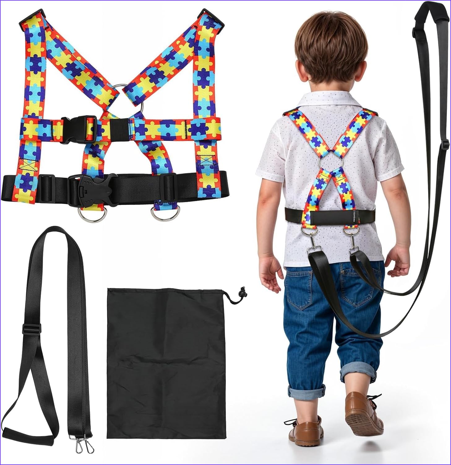 PCIQUTE Adjustable Safety Harness Leash for Kids 6-12 Years,Autism Awareness with Puzzle Pattern and Durable Nylon Safety Tether Leash for Travel, Outdoor,Balancing Support