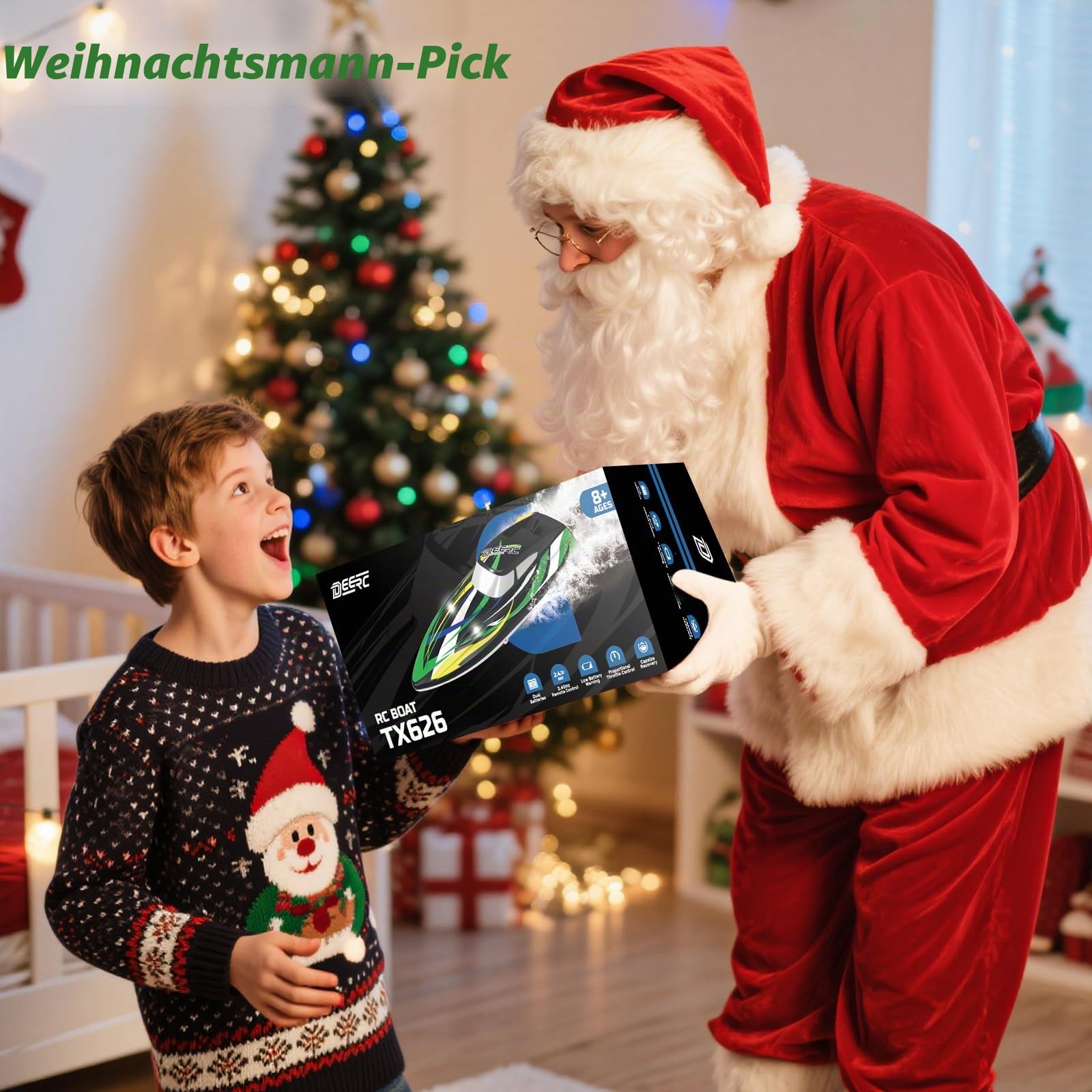 DEERC Ferngesteuertes Boot, hohe Geschwindigkeit mit LED-Lichtern, RC-Boot, schnelles Rennboot, selbstrichtend, 2 Batterien für mehr als 24 Minuten Akkulaufzeit, Fernbedienung 2,4 GHz, Spielzeug für