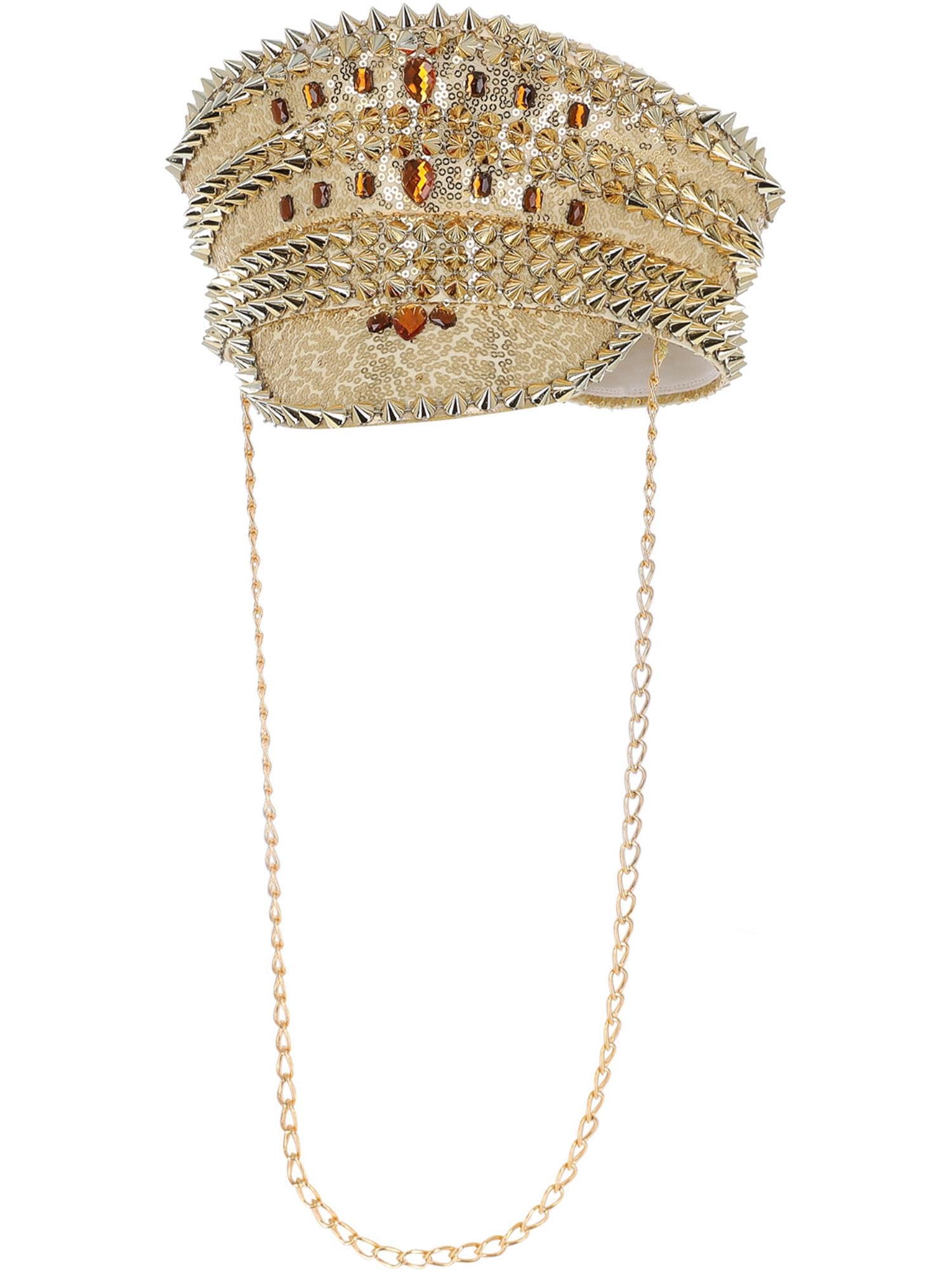 Smiffys Fever Deluxe Sequin Studded Captains Hat, Gold with Chain, Fever Accessories Fancy Dress, Adult Dress Up Hats