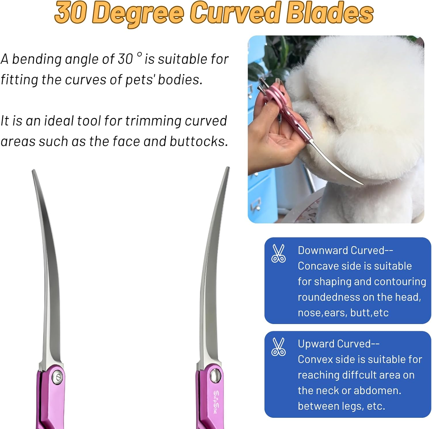 6.75in 30° Curved Dog Grooming Scissors, Japanese VG10 Stainless Steel Professional Pet Shears, Lightweight Ergonomic Trimming Scissors for Dog Grooming Face & Paws on Cats & Dogs – Pink