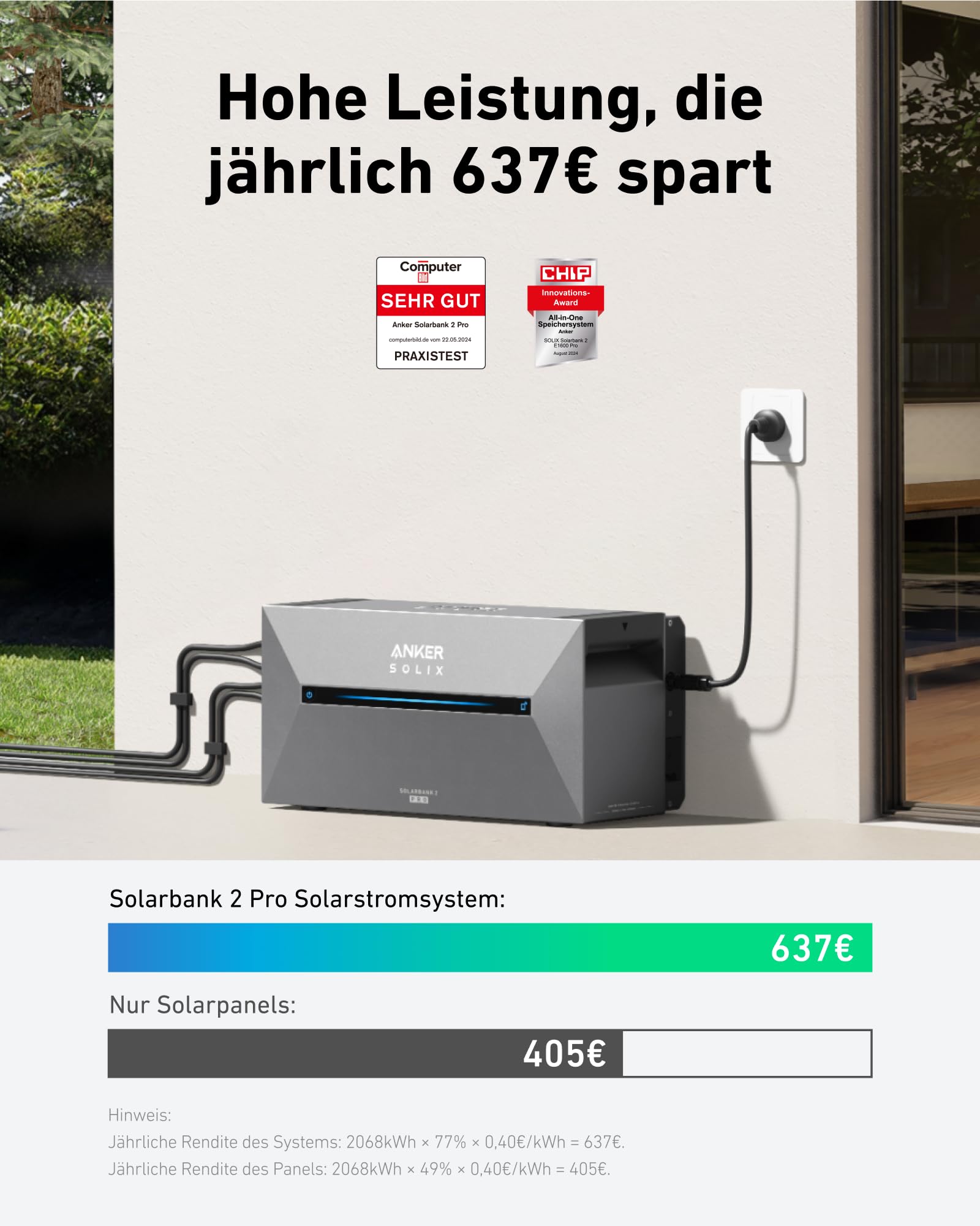 Anker SOLIX Balkonkraftwerk mit Speicher (1780W | 1600Wh), Solarbank 2 E1600 Pro (1600Wh), 4 Bifaziales Solarpanel (445W), Bodenhalterungen, 4 MPPT, 9,6kWh Kapazität, Plug & Play