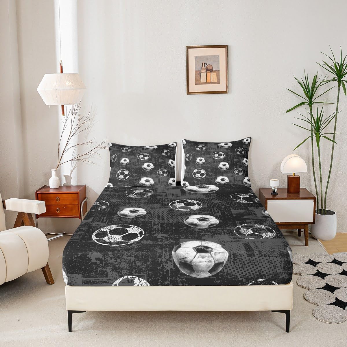 jejeloiu Boys 3D Soccer Fitted Sheet Queen Size Kids Football Bed Sheets Set for Girls Teens Sports Ball Gaming Bedding Set Room Decor