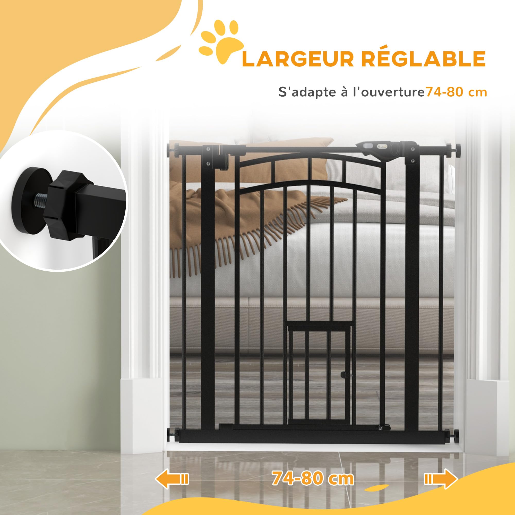 PawHut - Barrera de Seguridad para Perros (fijación por presión sin Taladro, Puerta de Cierre automático, Sistema de Doble Bloqueo, 74 a 80 cm, Acero, Negro | Barrera de Escalera, Sin Taladro, Puerta Automática, Sistema de Doble Bloqueo, Acero