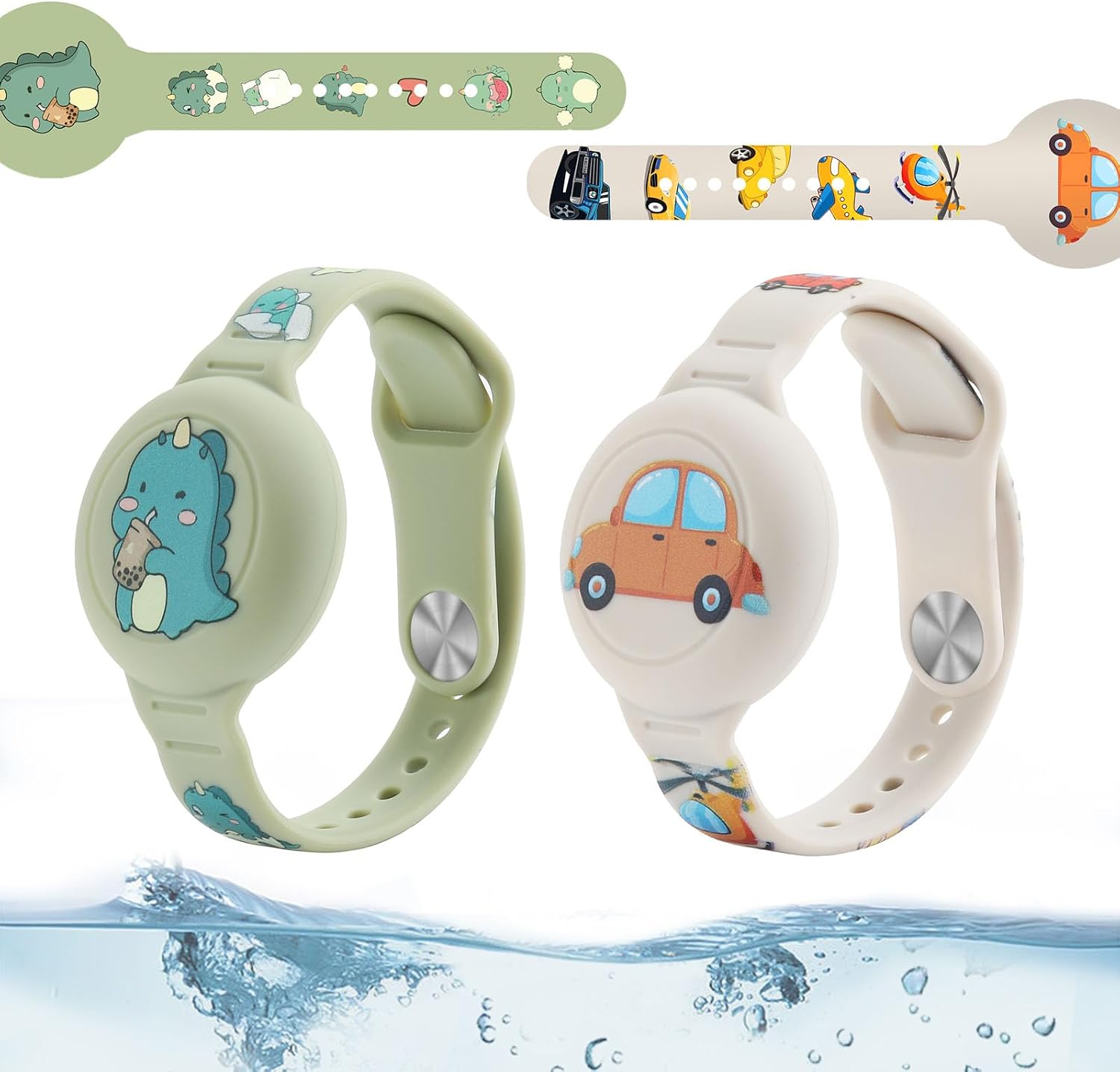 Waterproof tag Bracelets for Kids (2 Pack) - Soft Silicone Hidden Tracker Wristband - Lightweight GPS Tracker Holder for tag Watch Band for Child (White & Green)