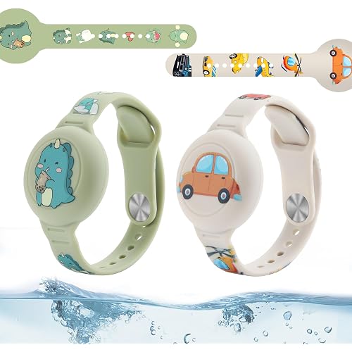 Waterproof tag Bracelets for Kids (2 Pack) - Soft Silicone Hidden Tracker Wristband - Lightweight GPS Tracker Holder for tag Watch Band for Child (White & Green)