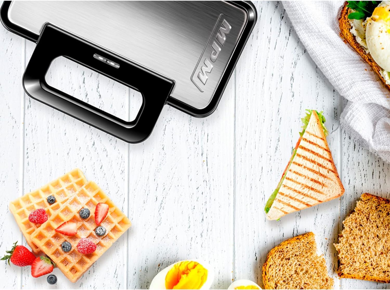 MPM MOP-43M Appareil à Sandwichs 3 en 1, Plaques Interchangeables, Appareil à Croque Monsieur, Gaufrier Belge, Grill pour Viande et Poisson, Contrôleur de Température Automatique, 1000W