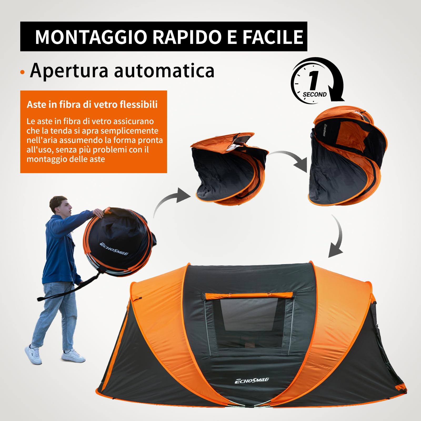 EchoSmile Tenda da Campeggio Pop Up 2/4/6 Posti Istantanea Tenda Campeggio | Portatile,Facile Installazione,Protezione dal Sole,Ventilata Antivento e Impermeabile Picnic,Trekking e Attività All'aperto