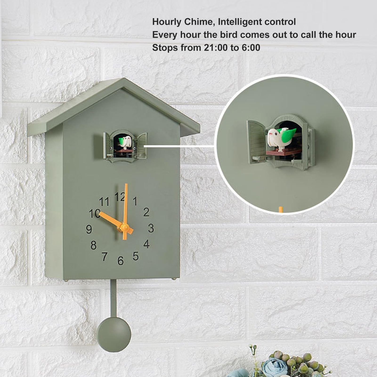 HERCHR Reloj de Pared con Forma de casita de pájaros, Reloj de Pared Colgante Estilo nórdico con péndulo y Sonido Agradable, Ideal para la decoración de la Sala de Estar, el Dormitorio o (Verde)