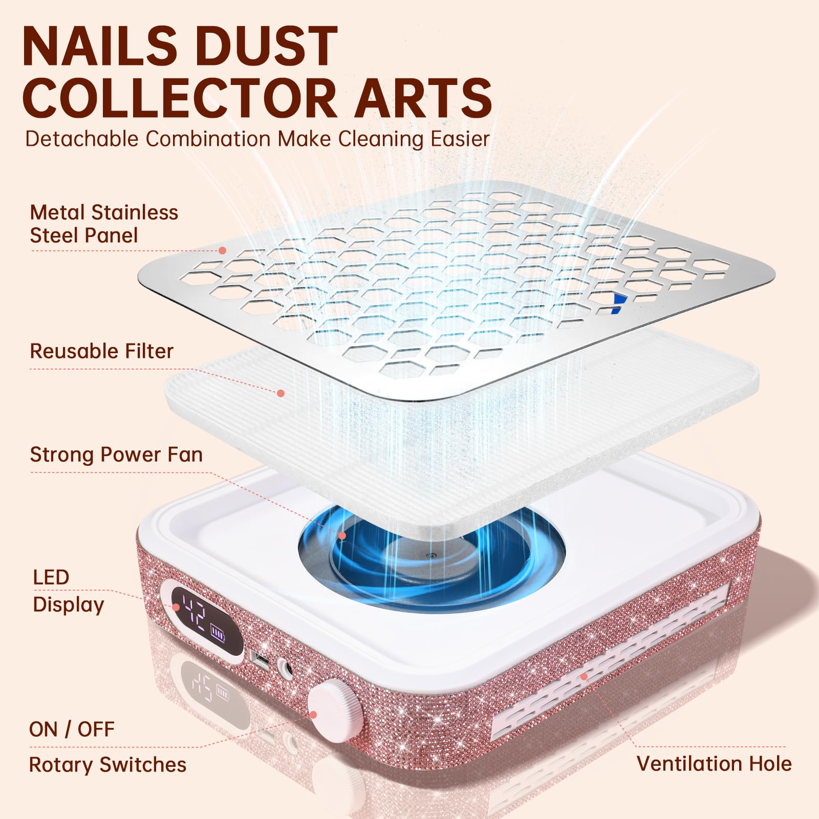 Aspirador De Polvo De Uñas Recargable 800pa, Extractor Inalámbrico Profesional con Motor Brushless, Ventilador Potente para Manicura Gel Y Acrílico Pink-Rhinestone