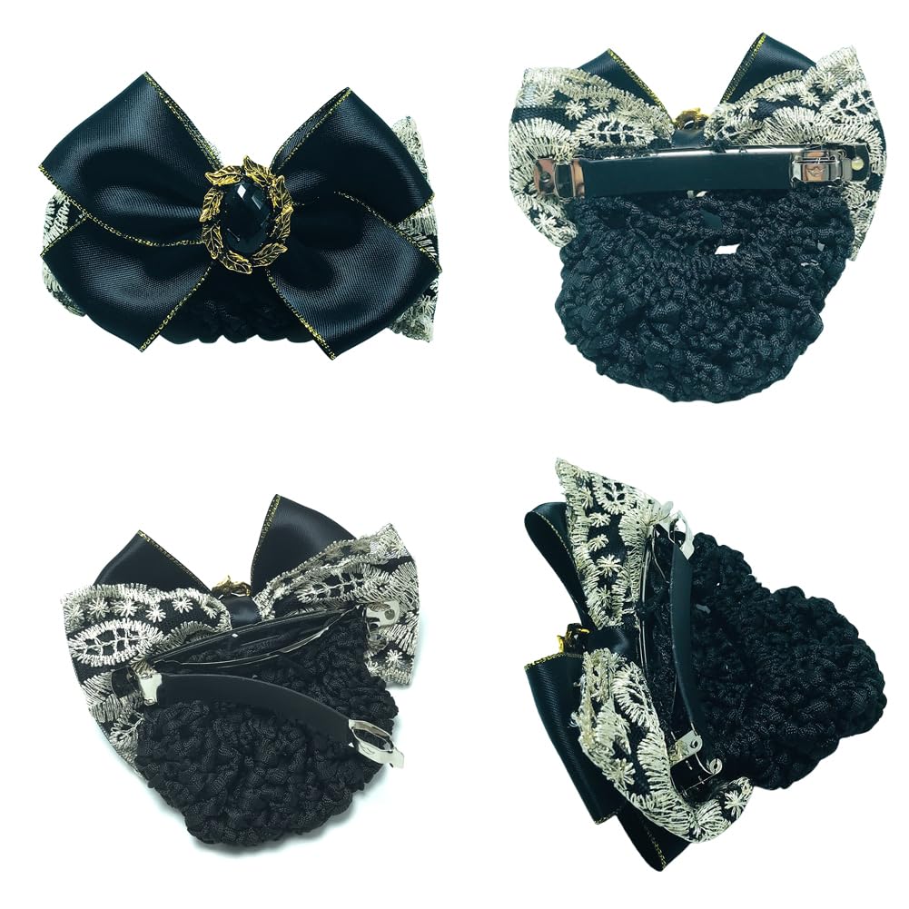 Women Gold Trim Ribbon Bowknot Snood Net with Black Rhinestone Elastic Hair Clip Bow Barrette Bun Cover Hairnet Decor Hair Accessories for Nurse Bank Clerk Air Hostess - Image 3