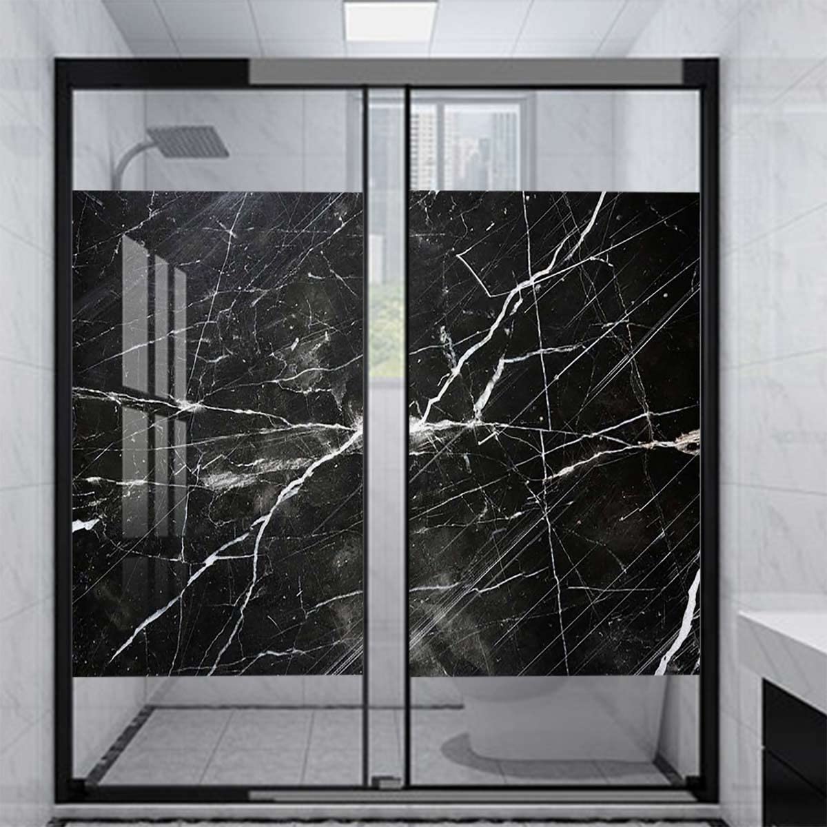 Charcoal Grey Frosted Window Film Privacy Film,Window Privacy Window Film Static Cling, Marble Natural Gemstone Frosted Glass Film 31.5Wx55.1L-inch x2 Pcs