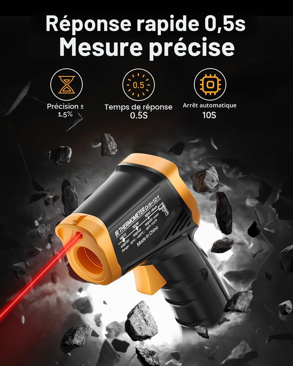 Eventek Thermometre Laser, -50 ° C ~ 600 ° C (-58 ° F ~ 1112 ° F) Thermomètre Infrarouge Sans Contact avec Emissivité Réglable, thermometre four a pizza pour Cuisine/BBQ/Industrie Thermomètre à Viande