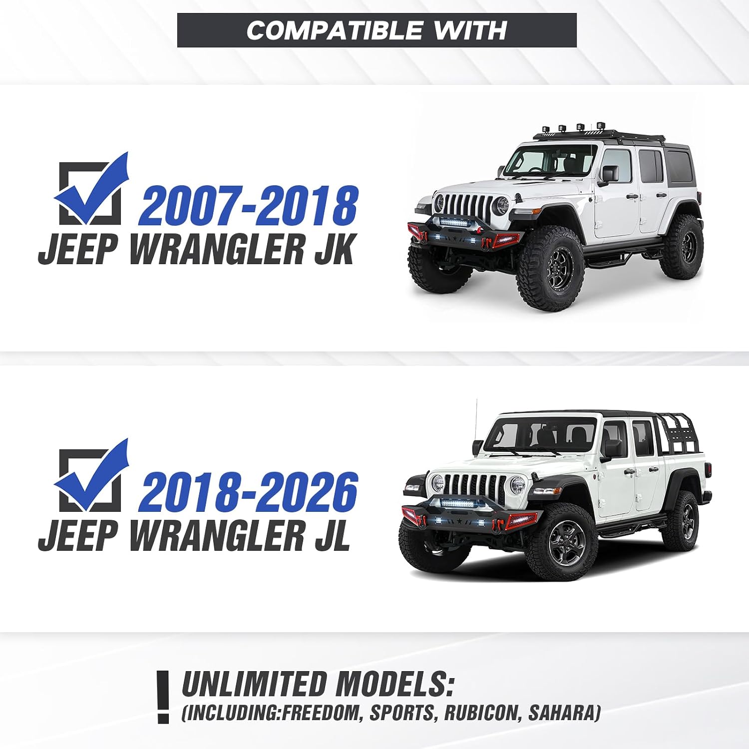 YZONA for JK JL Front Bumper Compatible with 2007 2008 2009 2010 2011 2012 2013 2014 2015 2016 2017 2018 2019 2020 2021 2022 2023 2024 2025 2026 Jeep Wrangler JK JL JKU JLU with LED Lights, D-rings