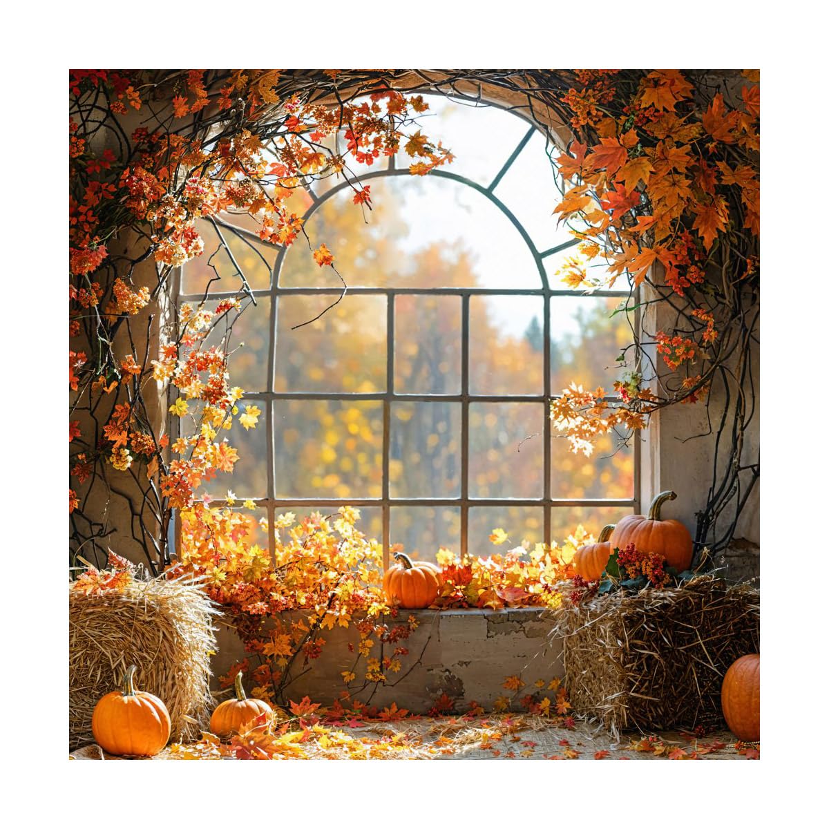 Kate 8x8ft Autumn Pumpkin Haystack Backdrops for Photography Fall Maple Leaves Background Brick Wall Windowsill Backgrounds Thanksgiving Day Holiyday