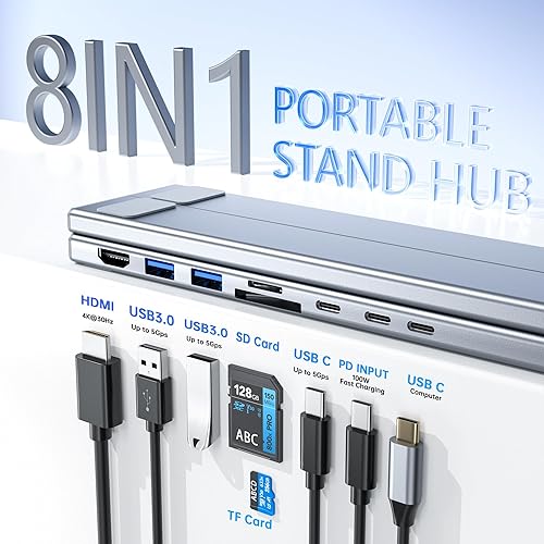 Miniatura 7 de Soporte de estación de acoplamiento para laptop, 8 en 1 USB C Hub HDMI portátil con puertos USB, adaptador multipuerto USB C, estación de