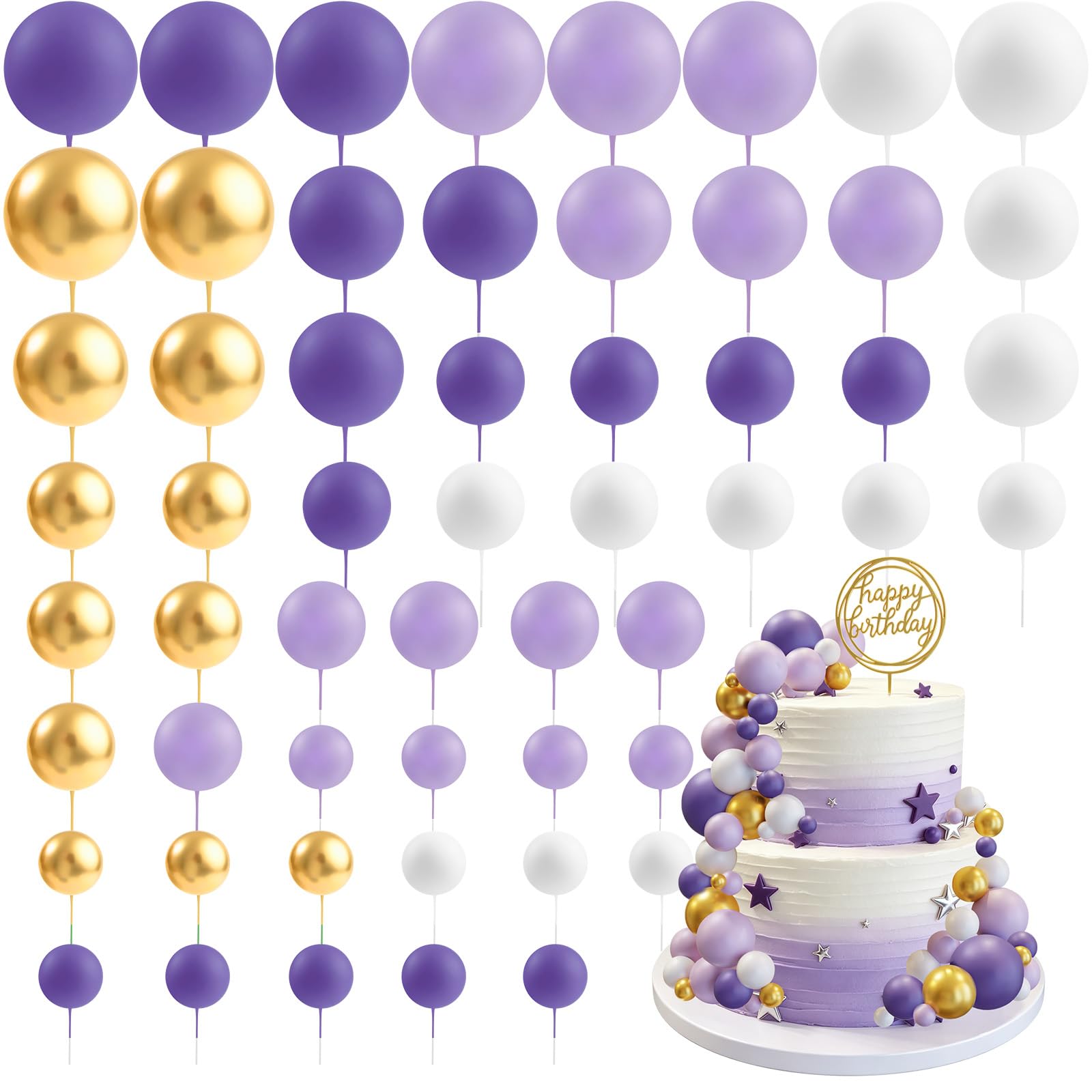 CHRORINE 55 Pcs Balls Cake Topper Decorations Mini Balloon Cupcake Toppers Foam Balls for Cake Decorating Birthday Parties Weddings Anniversary Baby Shower (Purple White Gold) — image 1