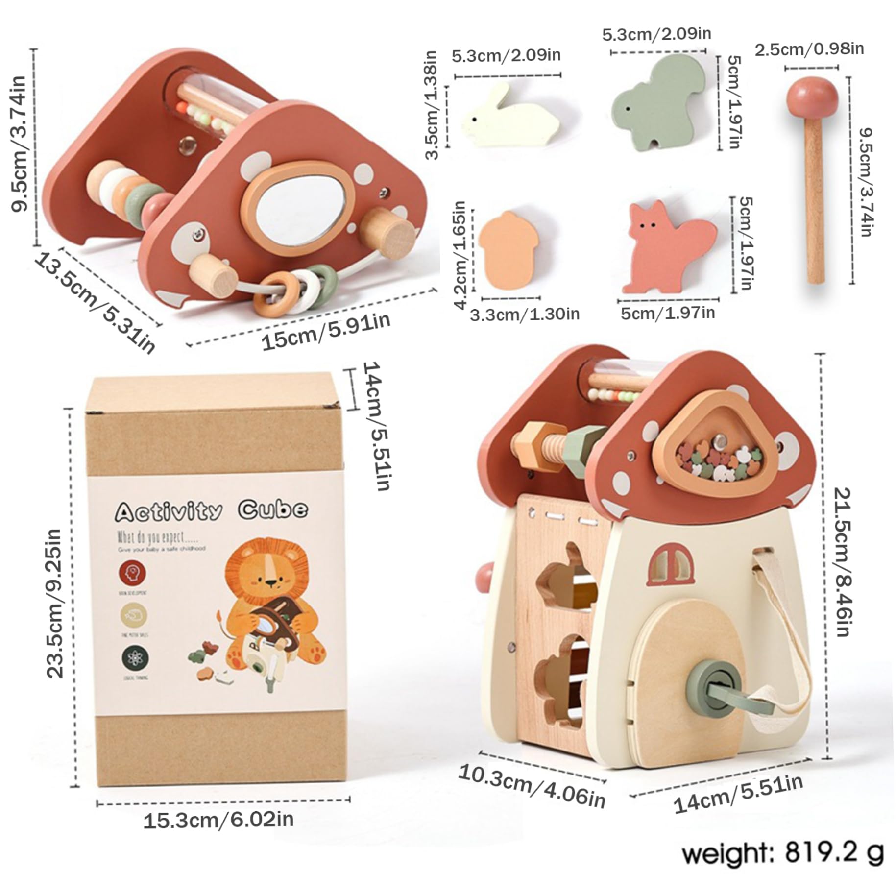 Cubo di attività per Bambini, Giocattoli per Bambini in Legno 5 in 1 a Forma di Fungo, selezionatore di Forme per l'apprendimento educativo per, Compleanno
