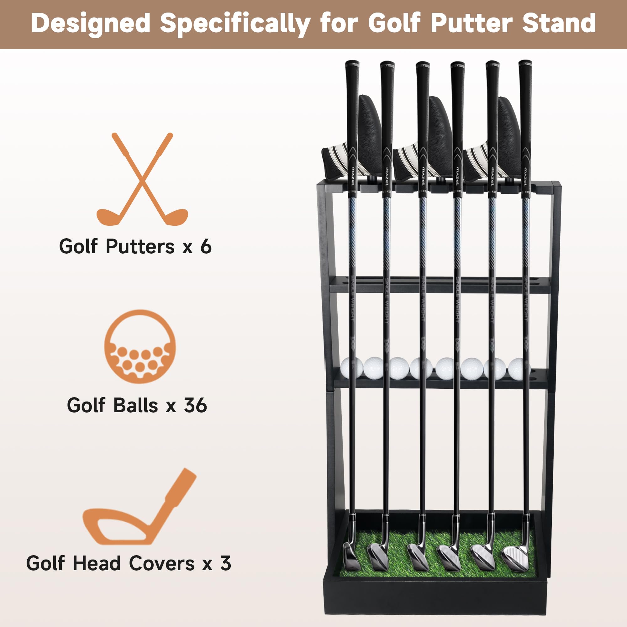 Golf Club Holder, Golf Putter Stand for 36 Balls Tray Storage & 6 Clubs & 3 Golf Head Covers, Golf Club Stand Display Rack for Home Indoor Outdoor Office, Golf Club Organizer for Club Simulator, Black
