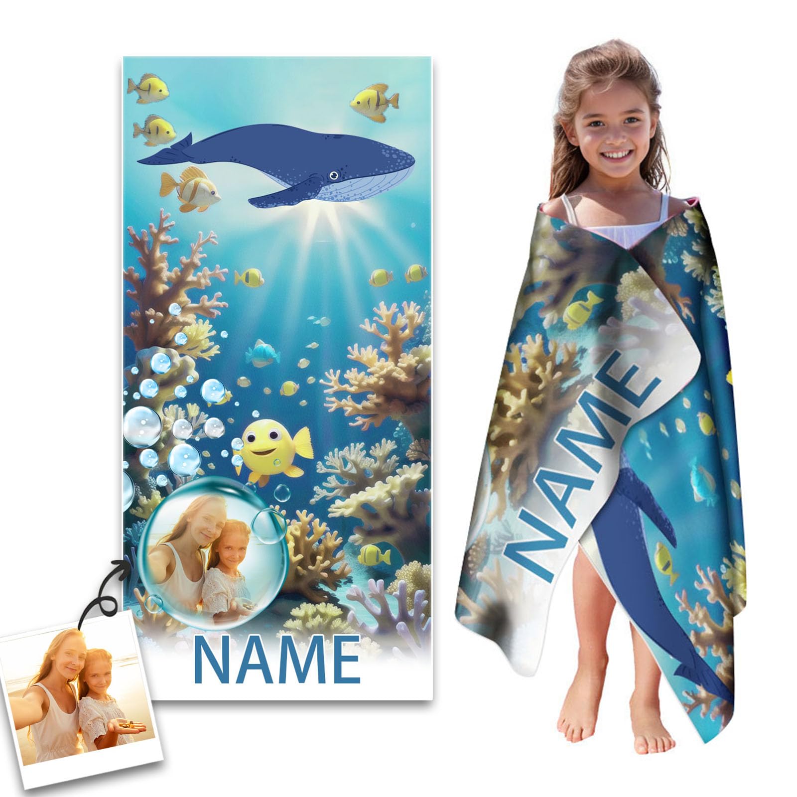 FAHOXUMR Personalised Beach Towel with Photo and Text, Microfiber Beach Towel for Kids Adults, Quick Dry Sand Free Custom Beach Towel for Girls and Boys 1-Sided Printing (70 * 35 inch-Light Blue)