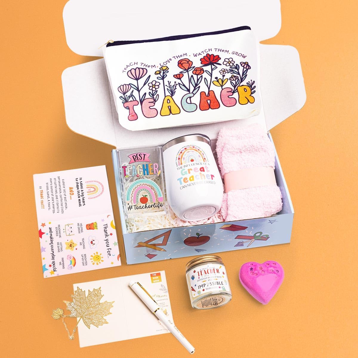 Teacher Appreciation Gift Set - Rose Gold Wine Tumbler, Bookmarks, Keychain, Cards for Women, Back to School & Christmas - Image 3