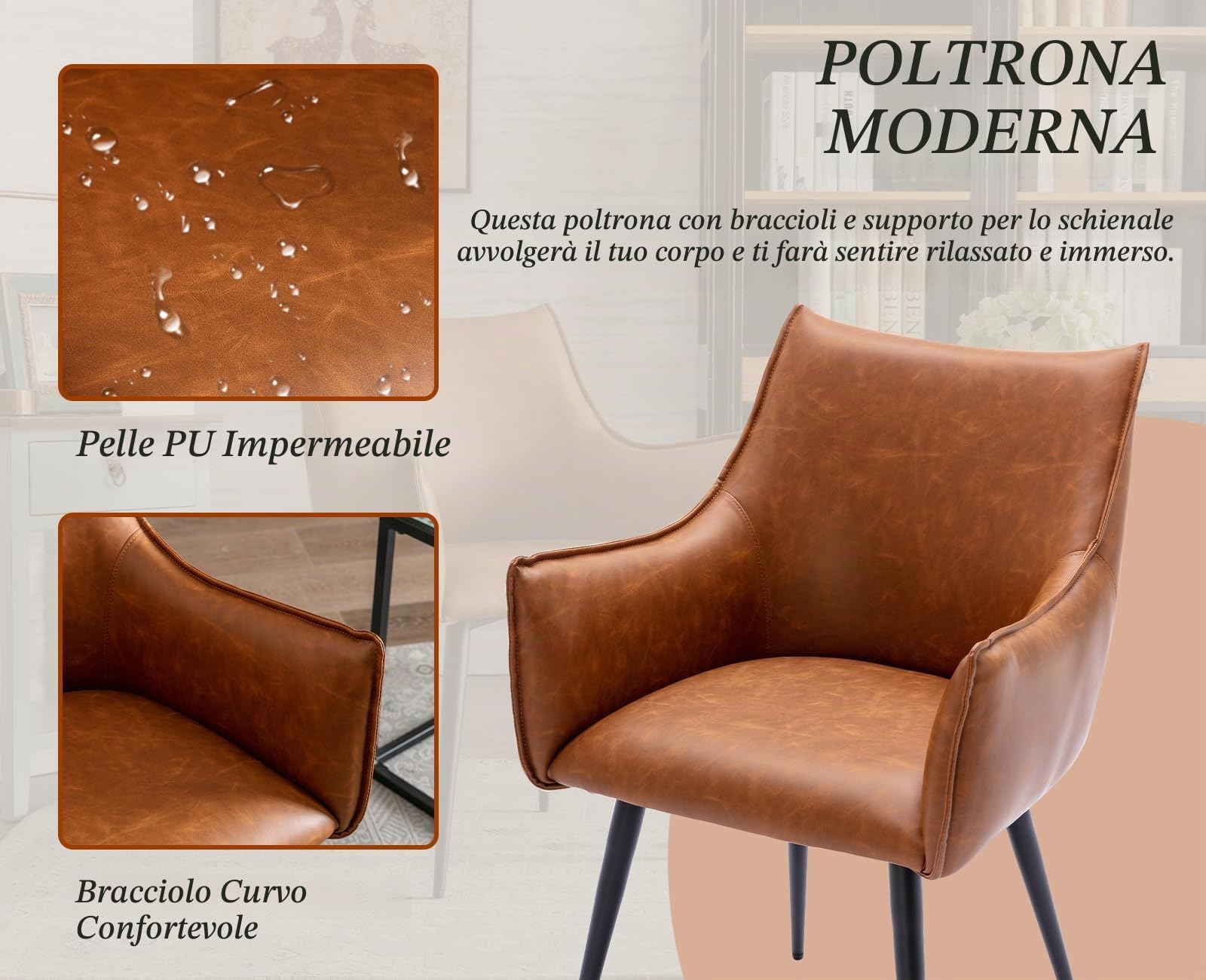 Ya-Home Poltrona Imbottita Sedia da Salotto in Ecopelle Poltroncine Salotti con Gambe in Metallo poltroncina Moderna con Braccioli per Camera da Letto/Soggiorno, Marrone