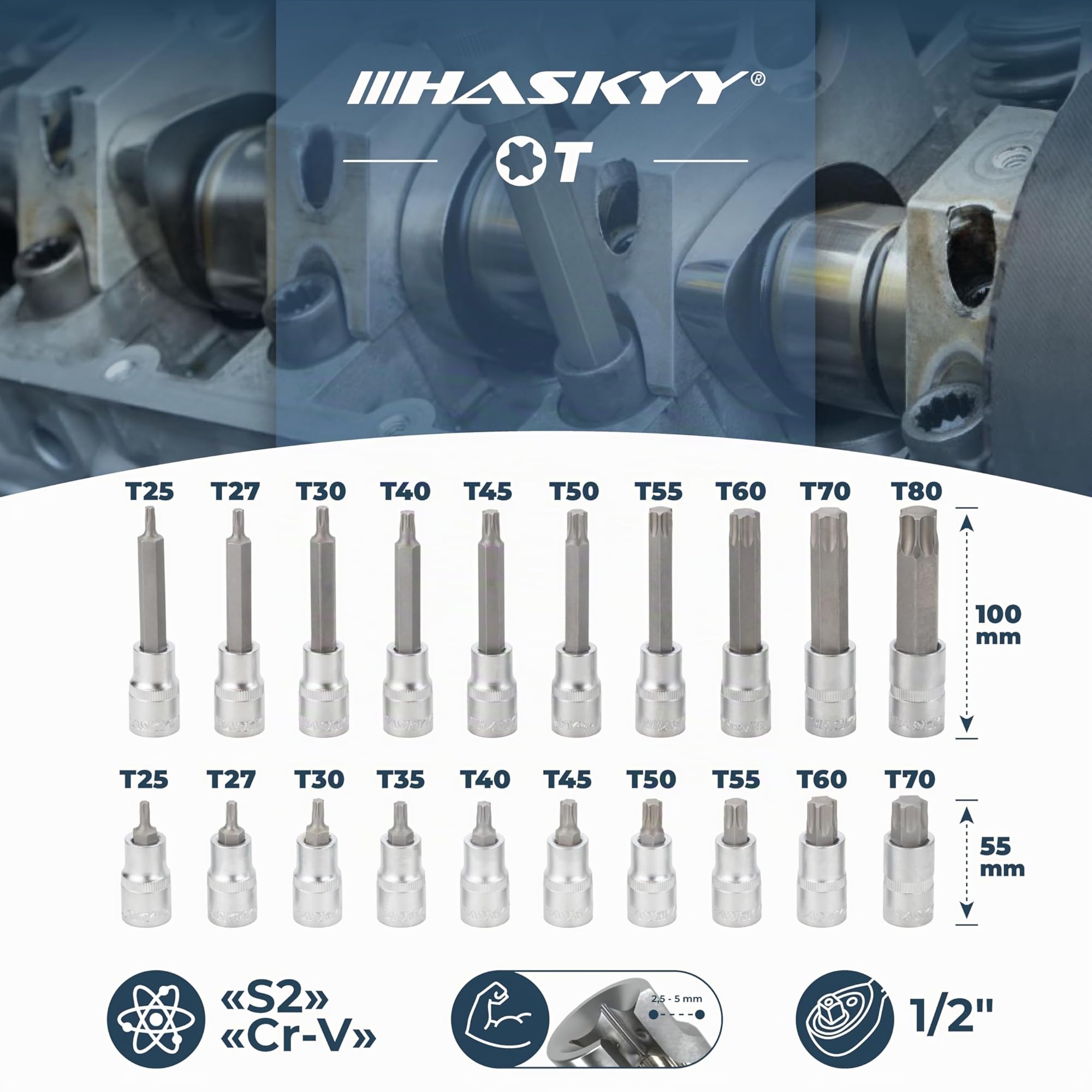 HASKYY 32 pezzi Set Inserti Torx set T25-T80 di chiavi a bussola Torx Acciaio Bit Socket Tool Kit imposta