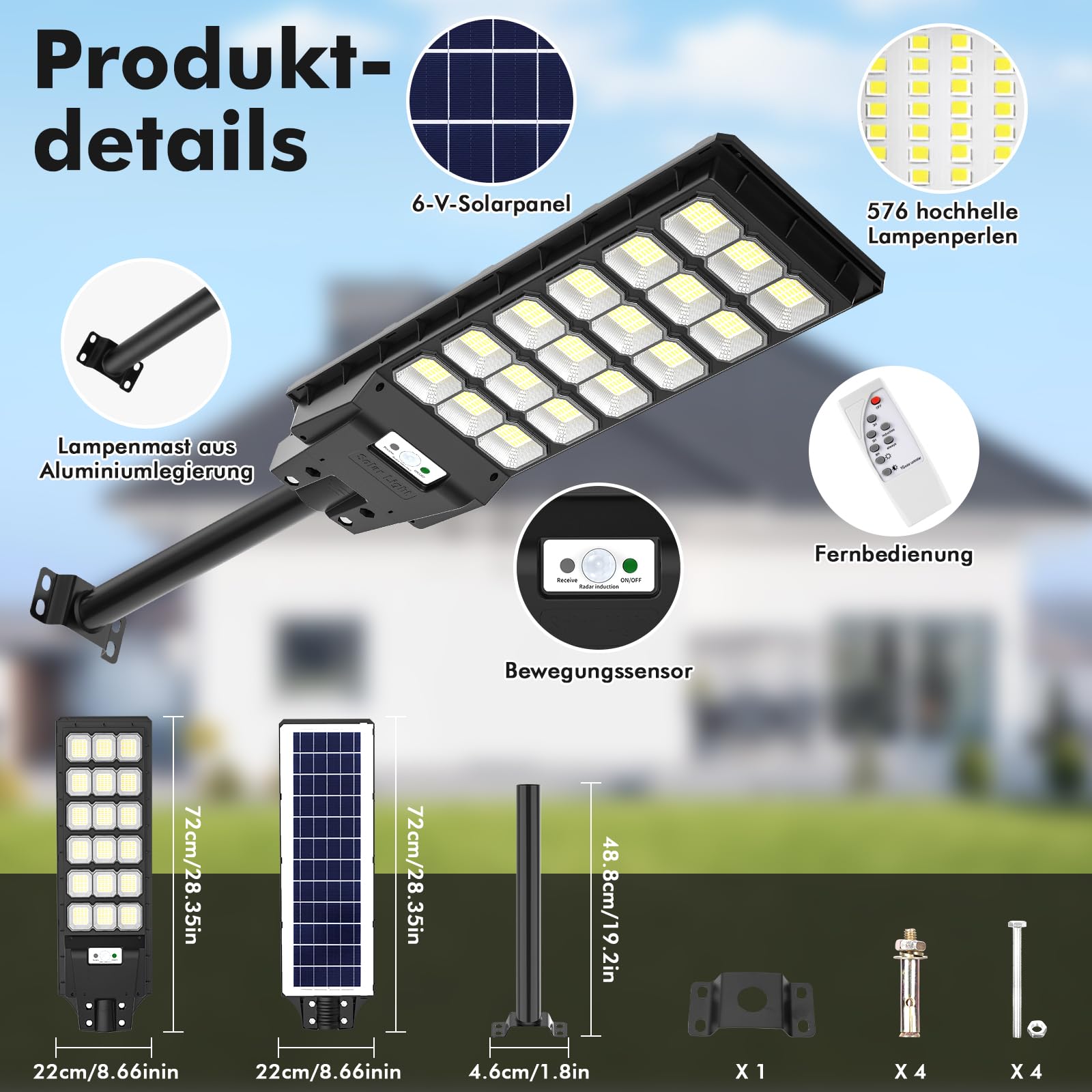 Viugreum 4 Packs Farolas Solares Exterior 600W, Potente Con Control Remoto, IP65 Impermeable, 6500K Foco Solar Con Sensor de Movimiento, Luz de Seguridad Para Jardín y Patio