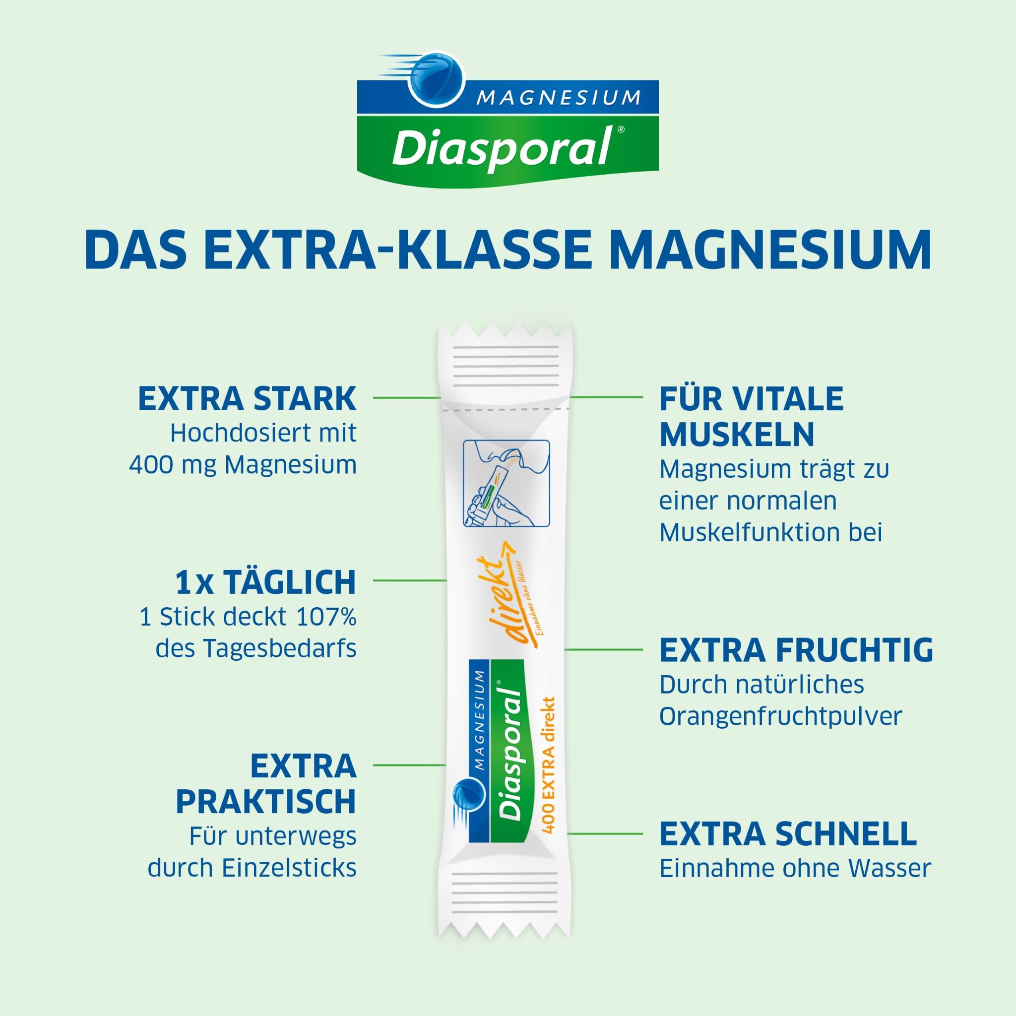 Magnesium-Diasporal 400 EXTRA direkt | Magnesium Sticks mit fruchtigem Magnesium Pulver | Das Direktgranulat der EXTRA-KLASSE mit 400mg Magnesium pro Stick, 120 Sticks
