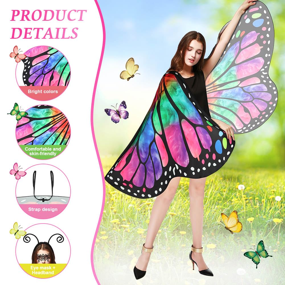 Aomig Womens Butterfly Wings Costume, Gradient Rose Red Green Butterfly Shawl Wings with Mask - Image 3