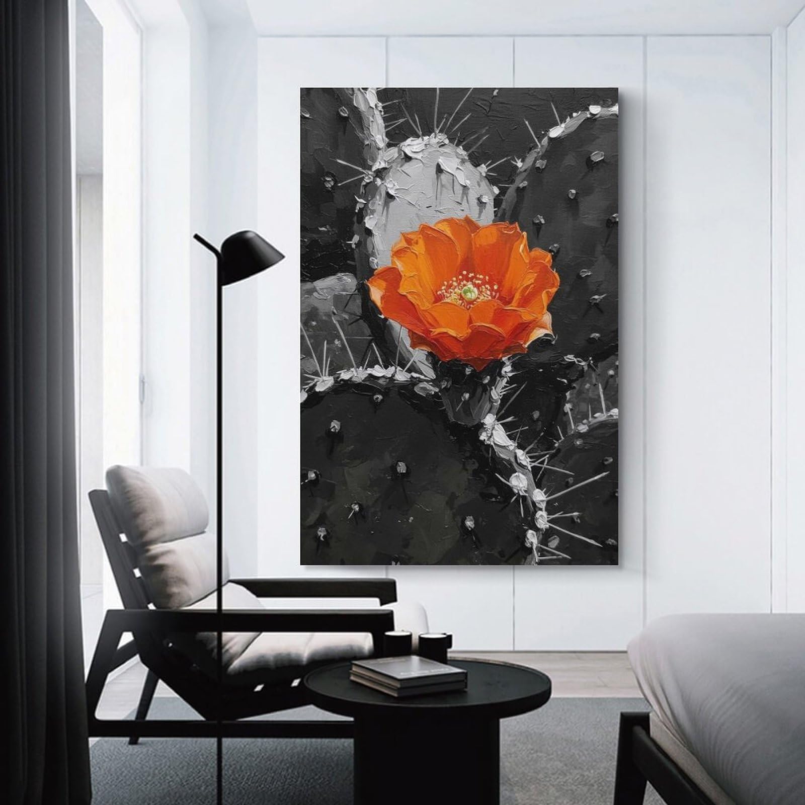 Junmoney Unframe-Style-13 Canvas Wall Decor Orange Flower On Black And White Cactus, 24X36inch(60X90cm), For Home Lounge, Bedroom Or Reading Nook, Eye Catching Artwork For Blank Walls